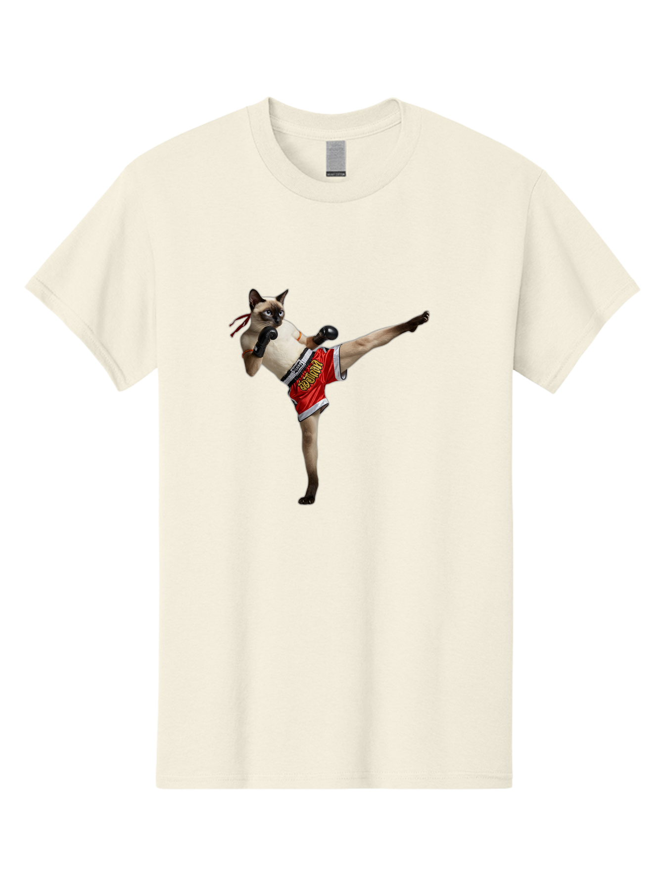 Cat-Kickboxing Men'S Graphic Tee, 100% Cotton, Comfortable Casual Summer Wear, Machine Washable, Siamese Cat Kickboxing, Anthropomorphic Cat, Boxing Gloves, Red Shorts, Martial Arts, Fighting Stance, Funny Animals, Cat Humor, Feline Antics, Bae402