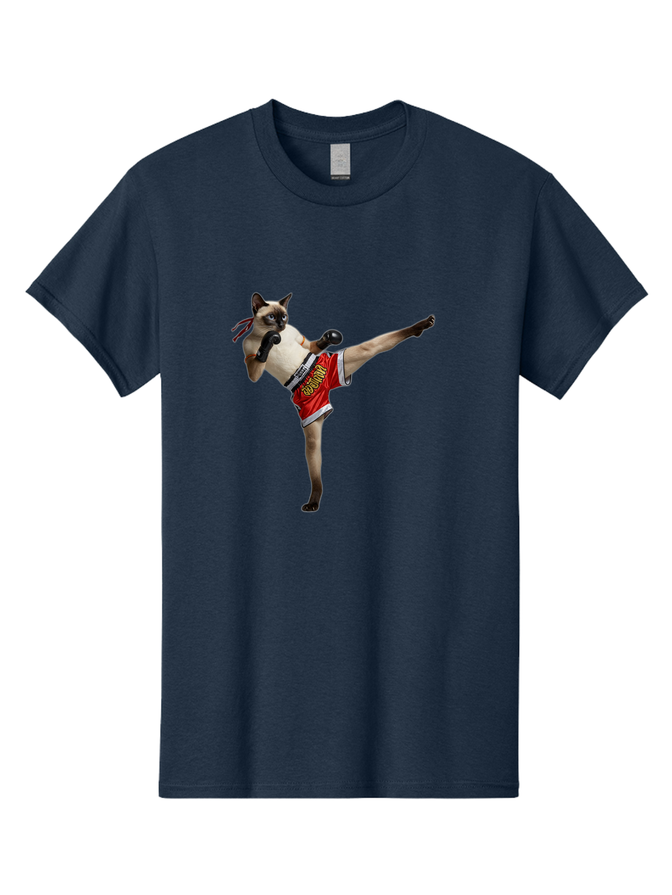 Cat-Kickboxing Men'S Graphic Tee, 100% Cotton, Comfortable Casual Summer Wear, Machine Washable, Siamese Cat Kickboxing, Anthropomorphic Cat, Boxing Gloves, Red Shorts, Martial Arts, Fighting Stance, Funny Animals, Cat Humor, Feline Antics, Bae402