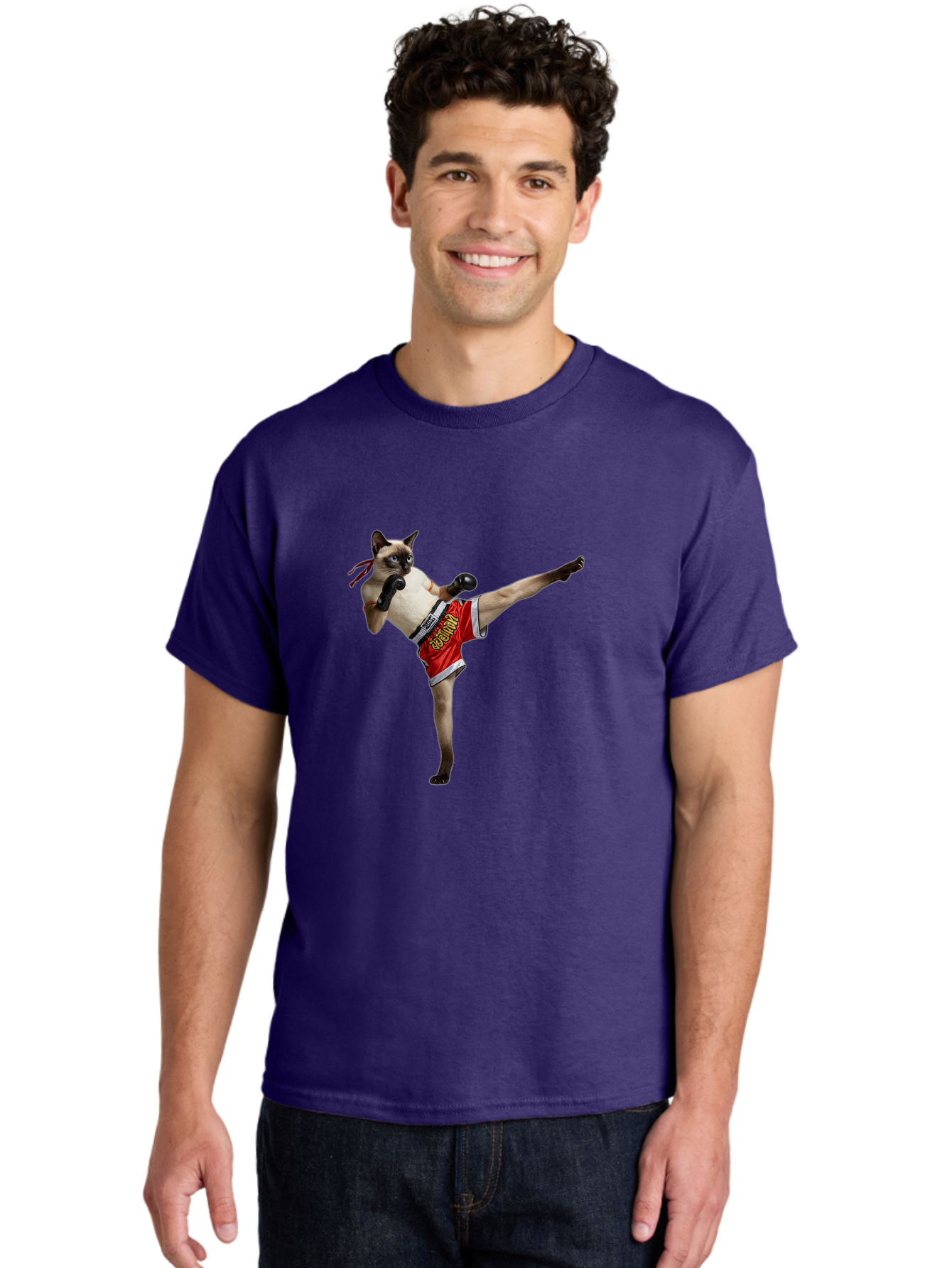 Cat-Kickboxing Men'S Graphic Tee, 100% Cotton, Comfortable Casual Summer Wear, Machine Washable, Siamese Cat Kickboxing, Anthropomorphic Cat, Boxing Gloves, Red Shorts, Martial Arts, Fighting Stance, Funny Animals, Cat Humor, Feline Antics, Bae402