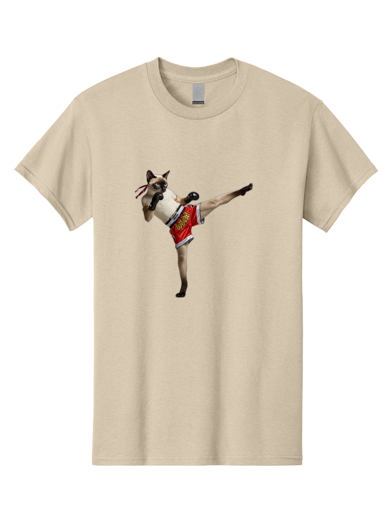 Cat-Kickboxing Men'S Graphic Tee, 100% Cotton, Comfortable Casual Summer Wear, Machine Washable, Siamese Cat Kickboxing, Anthropomorphic Cat, Boxing Gloves, Red Shorts, Martial Arts, Fighting Stance, Funny Animals, Cat Humor, Feline Antics, Bae402