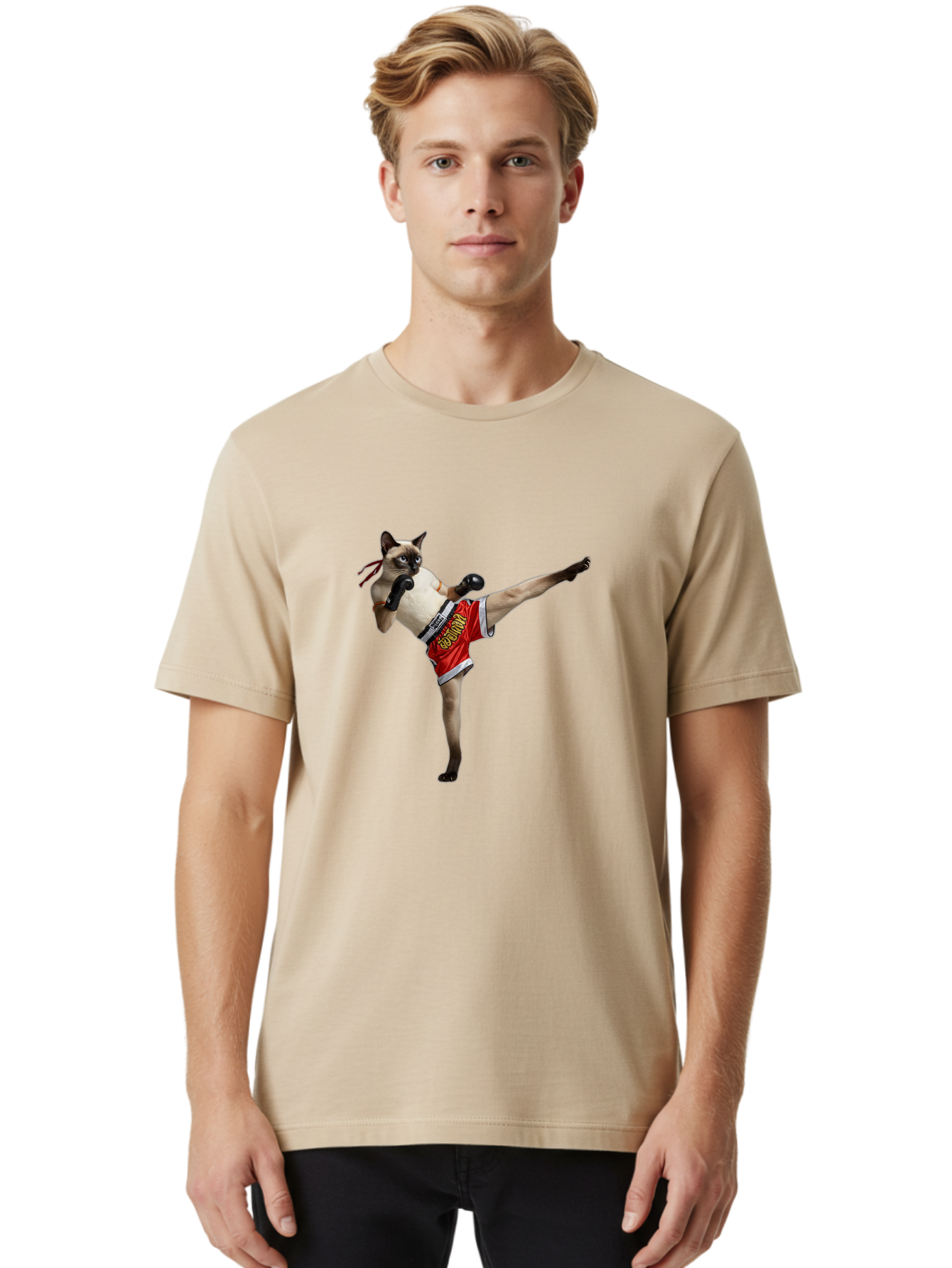 Cat-Kickboxing Men'S Graphic Tee, 100% Cotton, Comfortable Casual Summer Wear, Machine Washable, Siamese Cat Kickboxing, Anthropomorphic Cat, Boxing Gloves, Red Shorts, Martial Arts, Fighting Stance, Funny Animals, Cat Humor, Feline Antics, Bae402