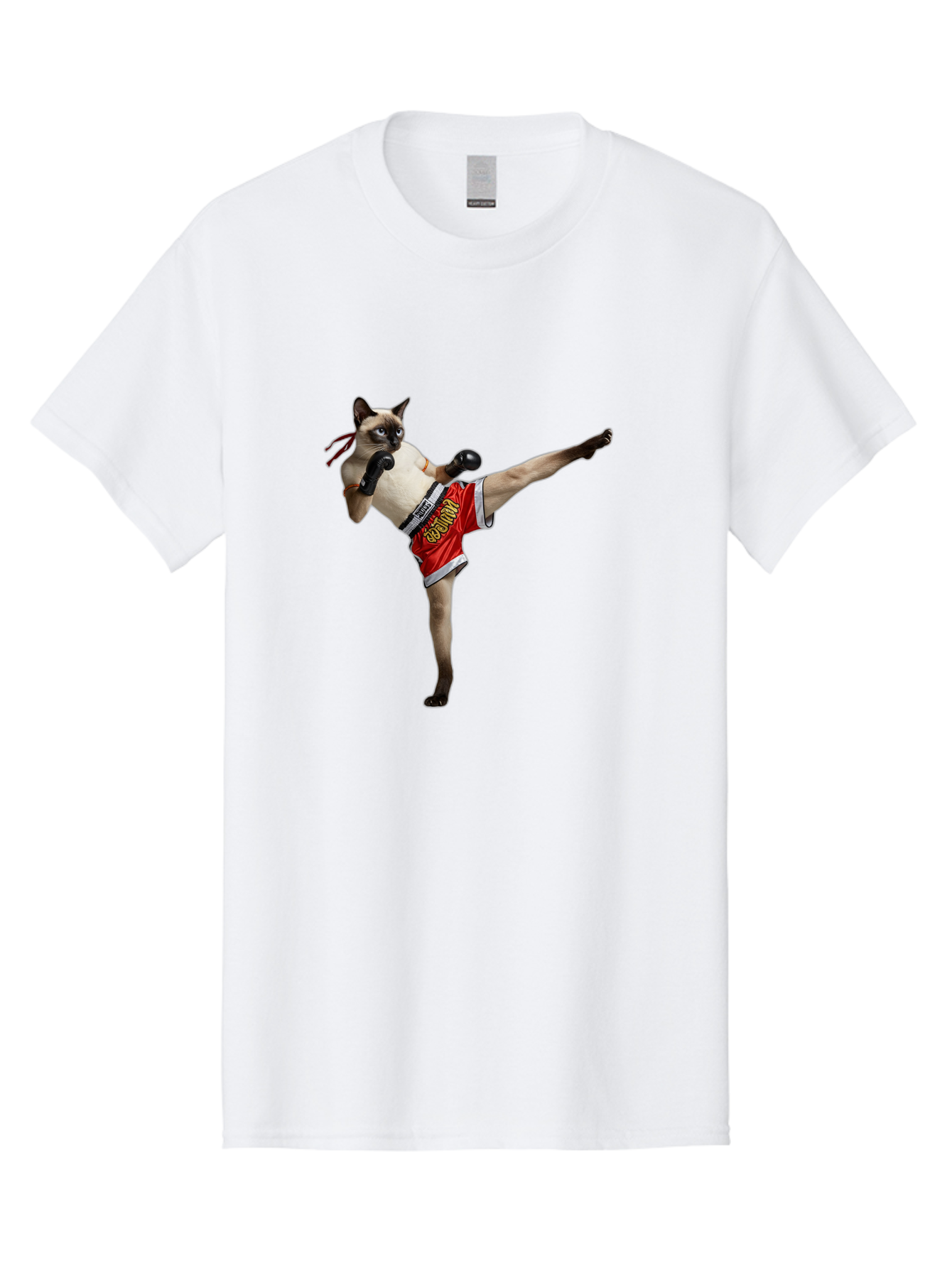 Cat-Kickboxing Men'S Graphic Tee, 100% Cotton, Comfortable Casual Summer Wear, Machine Washable, Siamese Cat Kickboxing, Anthropomorphic Cat, Boxing Gloves, Red Shorts, Martial Arts, Fighting Stance, Funny Animals, Cat Humor, Feline Antics, Bae402