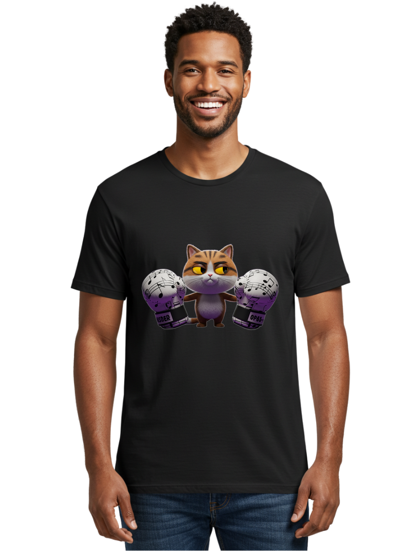Cat-With-Boxing-Gloves Men'S Graphic Tee, 100% Cotton, Comfortable Casual Summer Wear, Machine Washable, Boxing Cat, Cartoon Style, Orange Tabby Cat, Musical Notes Gloves, Boxing Gloves, Cat With Gloves, Funny Cartoon, Opder Opponent, Bae403
