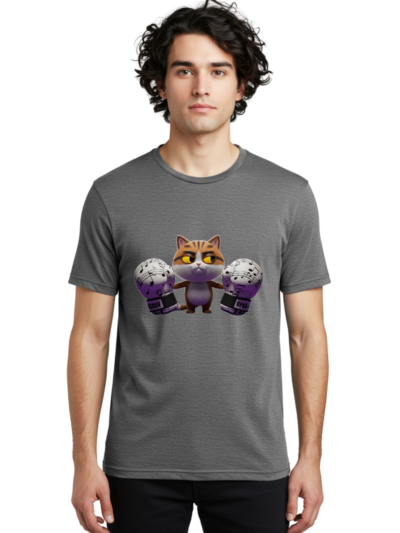 Cat-With-Boxing-Gloves Men'S Graphic Tee, 100% Cotton, Comfortable Casual Summer Wear, Machine Washable, Boxing Cat, Cartoon Style, Orange Tabby Cat, Musical Notes Gloves, Boxing Gloves, Cat With Gloves, Funny Cartoon, Opder Opponent, Bae403