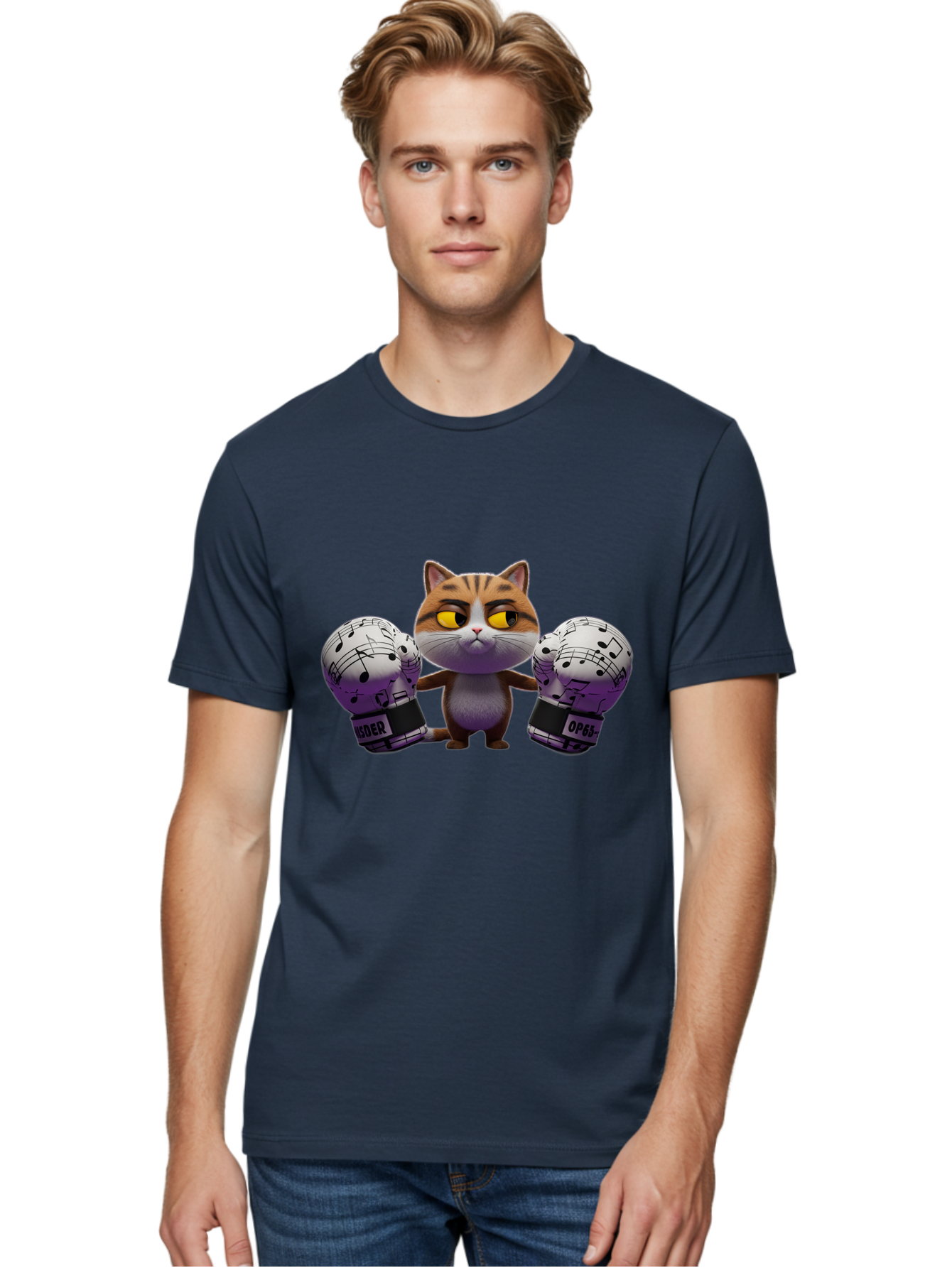Cat-With-Boxing-Gloves Men'S Graphic Tee, 100% Cotton, Comfortable Casual Summer Wear, Machine Washable, Boxing Cat, Cartoon Style, Orange Tabby Cat, Musical Notes Gloves, Boxing Gloves, Cat With Gloves, Funny Cartoon, Opder Opponent, Bae403