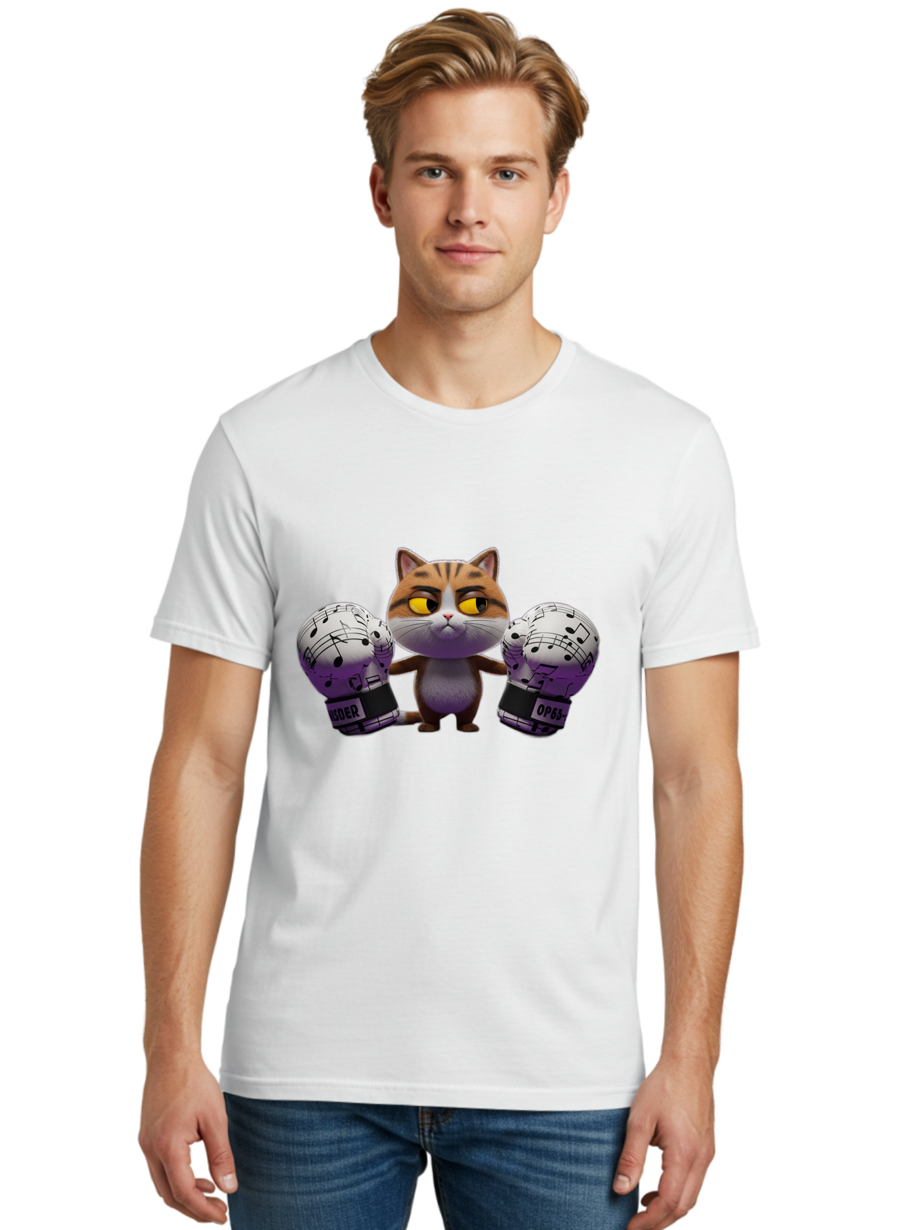 Cat-With-Boxing-Gloves Men'S Graphic Tee, 100% Cotton, Comfortable Casual Summer Wear, Machine Washable, Boxing Cat, Cartoon Style, Orange Tabby Cat, Musical Notes Gloves, Boxing Gloves, Cat With Gloves, Funny Cartoon, Opder Opponent, Bae403