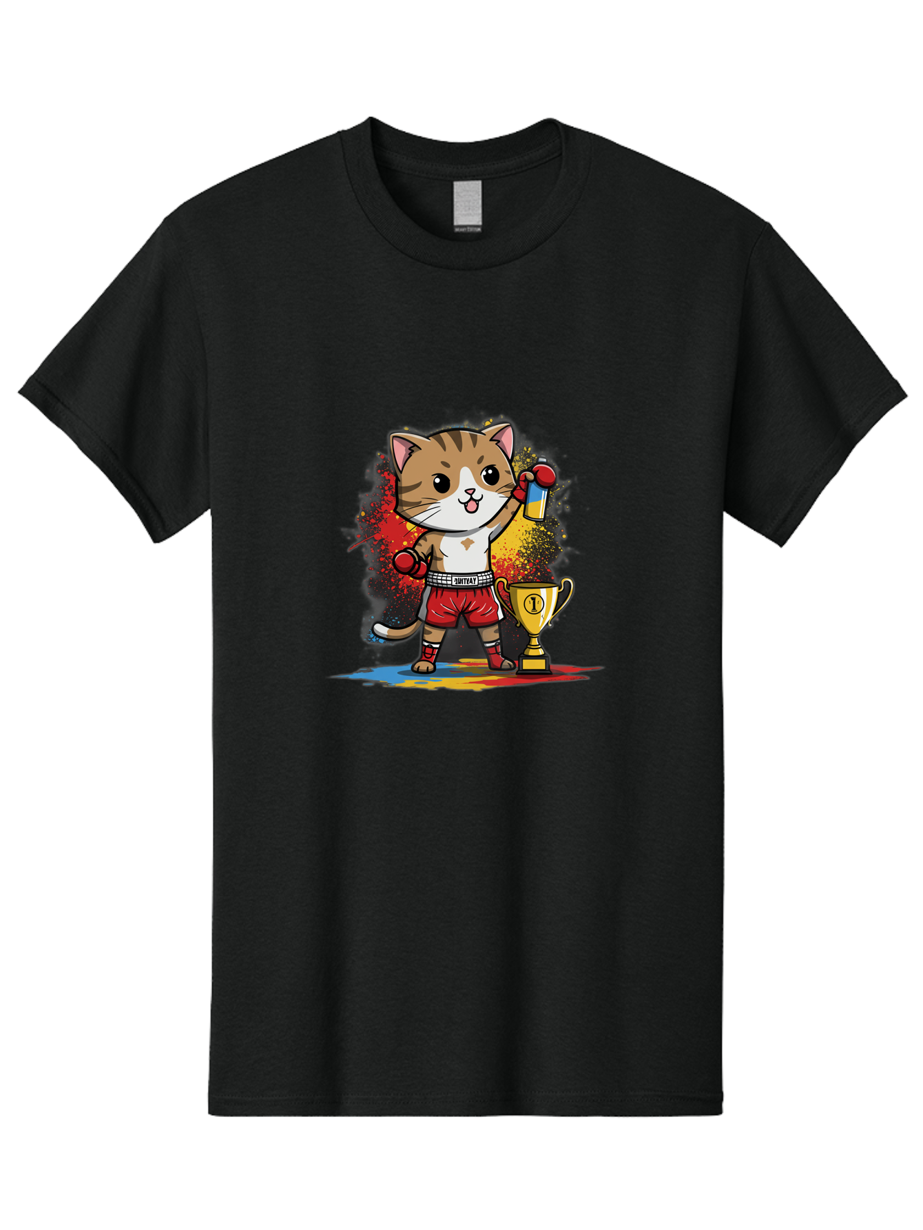 Cat-With-Trophy Men'S Graphic Tee, 100% Cotton, Comfortable Casual Summer Wear, Machine Washable, Cartoon Cat Boxer, Championship Trophy, Boxing Gloves, Champion Title, Victorious Pose, Confident Cat, Boxing Champion, Winner Cat Bae404