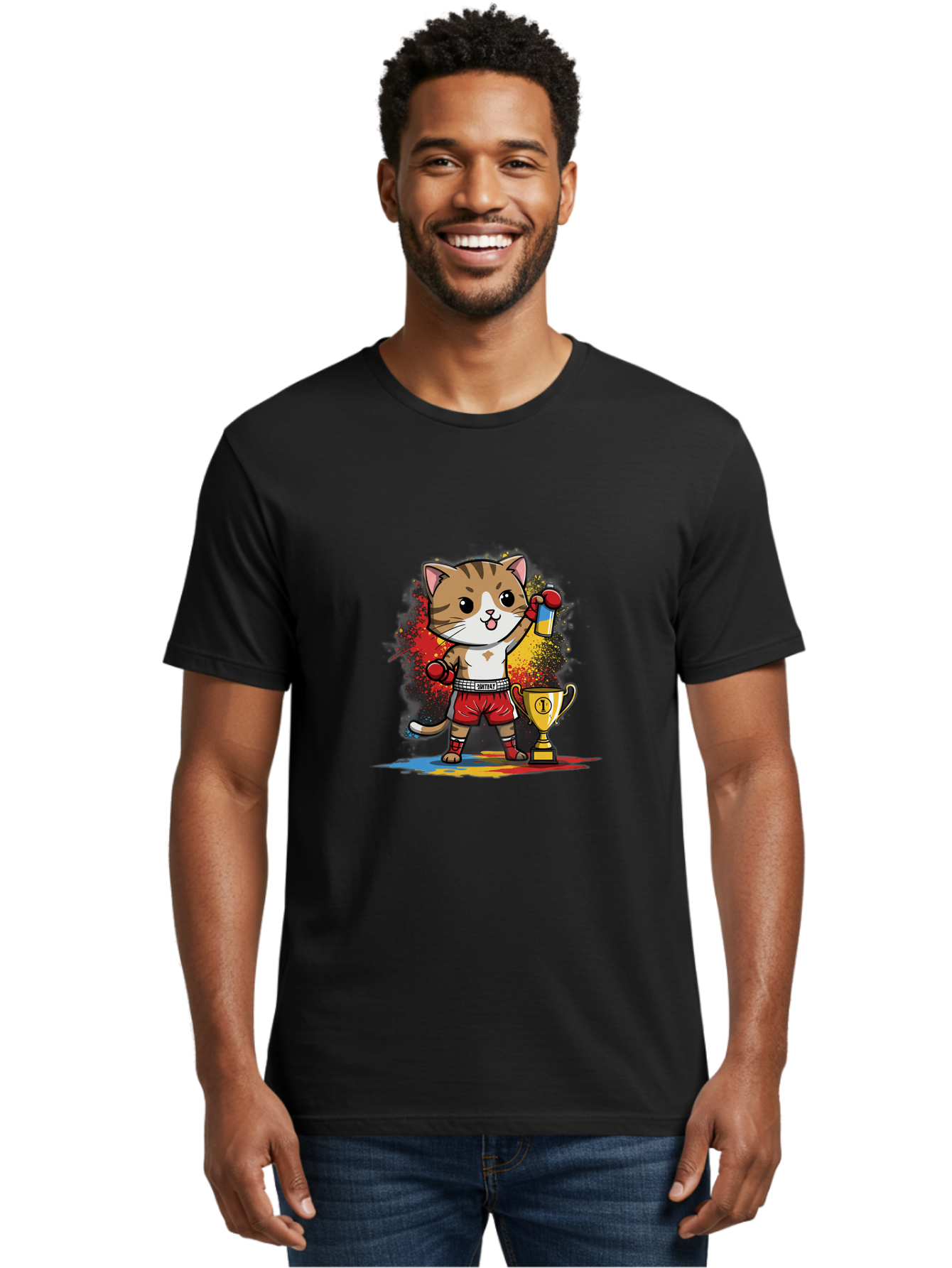 Cat-With-Trophy Men'S Graphic Tee, 100% Cotton, Comfortable Casual Summer Wear, Machine Washable, Cartoon Cat Boxer, Championship Trophy, Boxing Gloves, Champion Title, Victorious Pose, Confident Cat, Boxing Champion, Winner Cat Bae404