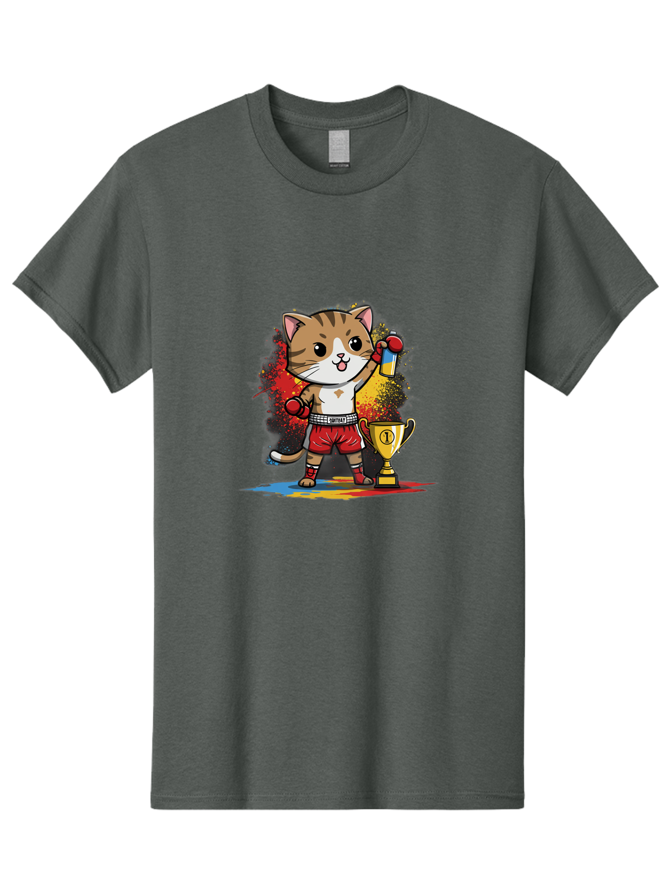 Cat-With-Trophy Men'S Graphic Tee, 100% Cotton, Comfortable Casual Summer Wear, Machine Washable, Cartoon Cat Boxer, Championship Trophy, Boxing Gloves, Champion Title, Victorious Pose, Confident Cat, Boxing Champion, Winner Cat Bae404