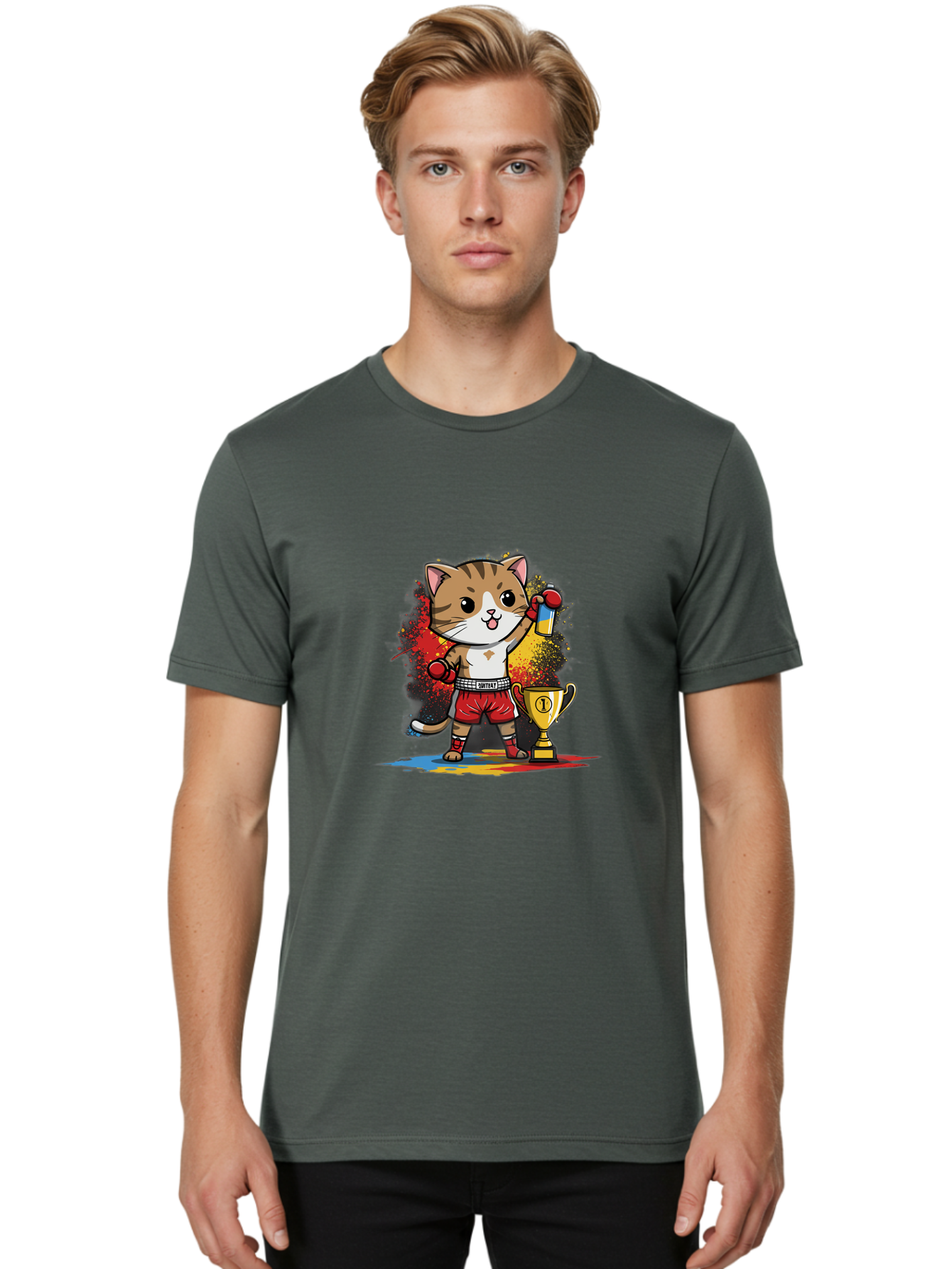 Cat-With-Trophy Men'S Graphic Tee, 100% Cotton, Comfortable Casual Summer Wear, Machine Washable, Cartoon Cat Boxer, Championship Trophy, Boxing Gloves, Champion Title, Victorious Pose, Confident Cat, Boxing Champion, Winner Cat Bae404