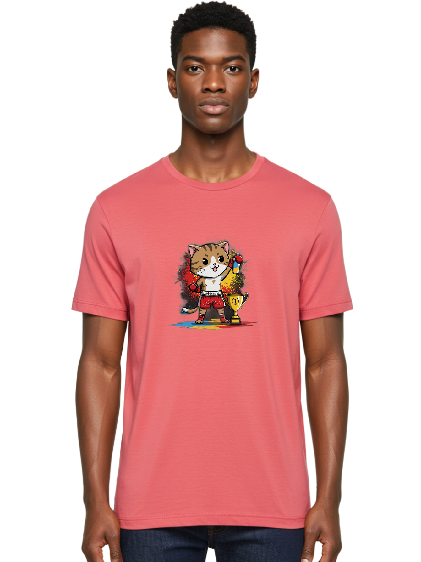 Cat-With-Trophy Men'S Graphic Tee, 100% Cotton, Comfortable Casual Summer Wear, Machine Washable, Cartoon Cat Boxer, Championship Trophy, Boxing Gloves, Champion Title, Victorious Pose, Confident Cat, Boxing Champion, Winner Cat Bae404