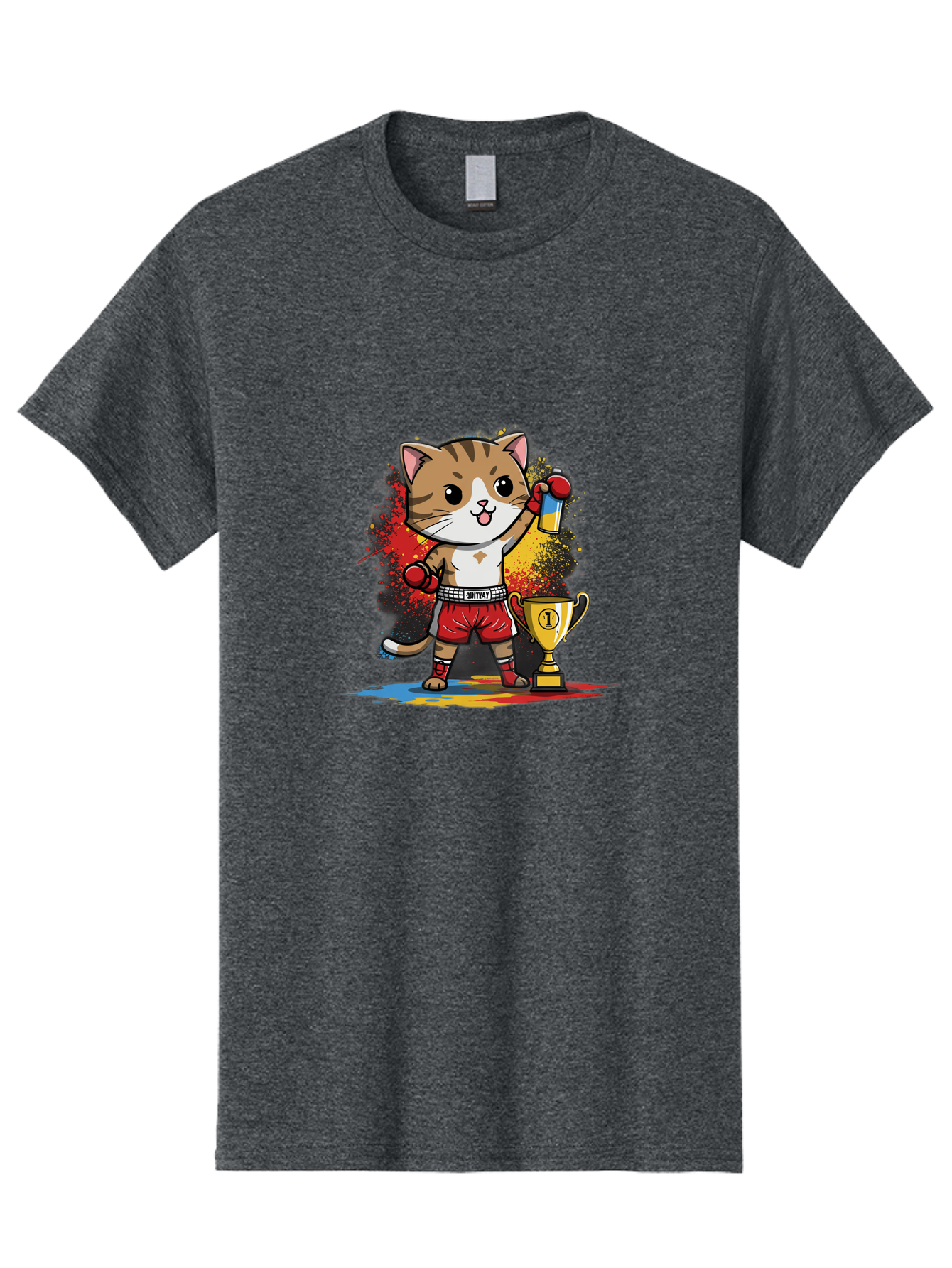 Cat-With-Trophy Men'S Graphic Tee, 100% Cotton, Comfortable Casual Summer Wear, Machine Washable, Cartoon Cat Boxer, Championship Trophy, Boxing Gloves, Champion Title, Victorious Pose, Confident Cat, Boxing Champion, Winner Cat Bae404