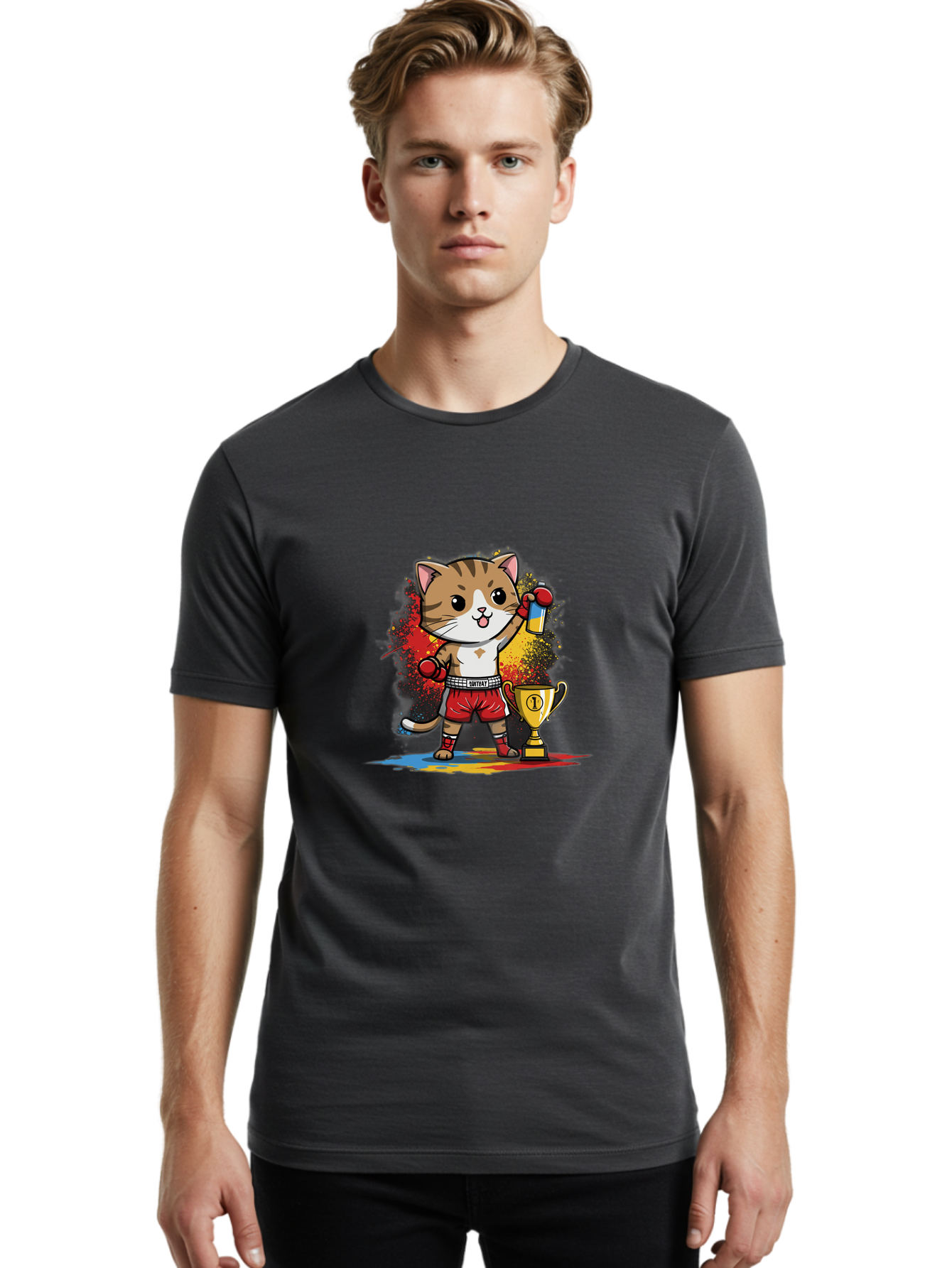 Cat-With-Trophy Men'S Graphic Tee, 100% Cotton, Comfortable Casual Summer Wear, Machine Washable, Cartoon Cat Boxer, Championship Trophy, Boxing Gloves, Champion Title, Victorious Pose, Confident Cat, Boxing Champion, Winner Cat Bae404