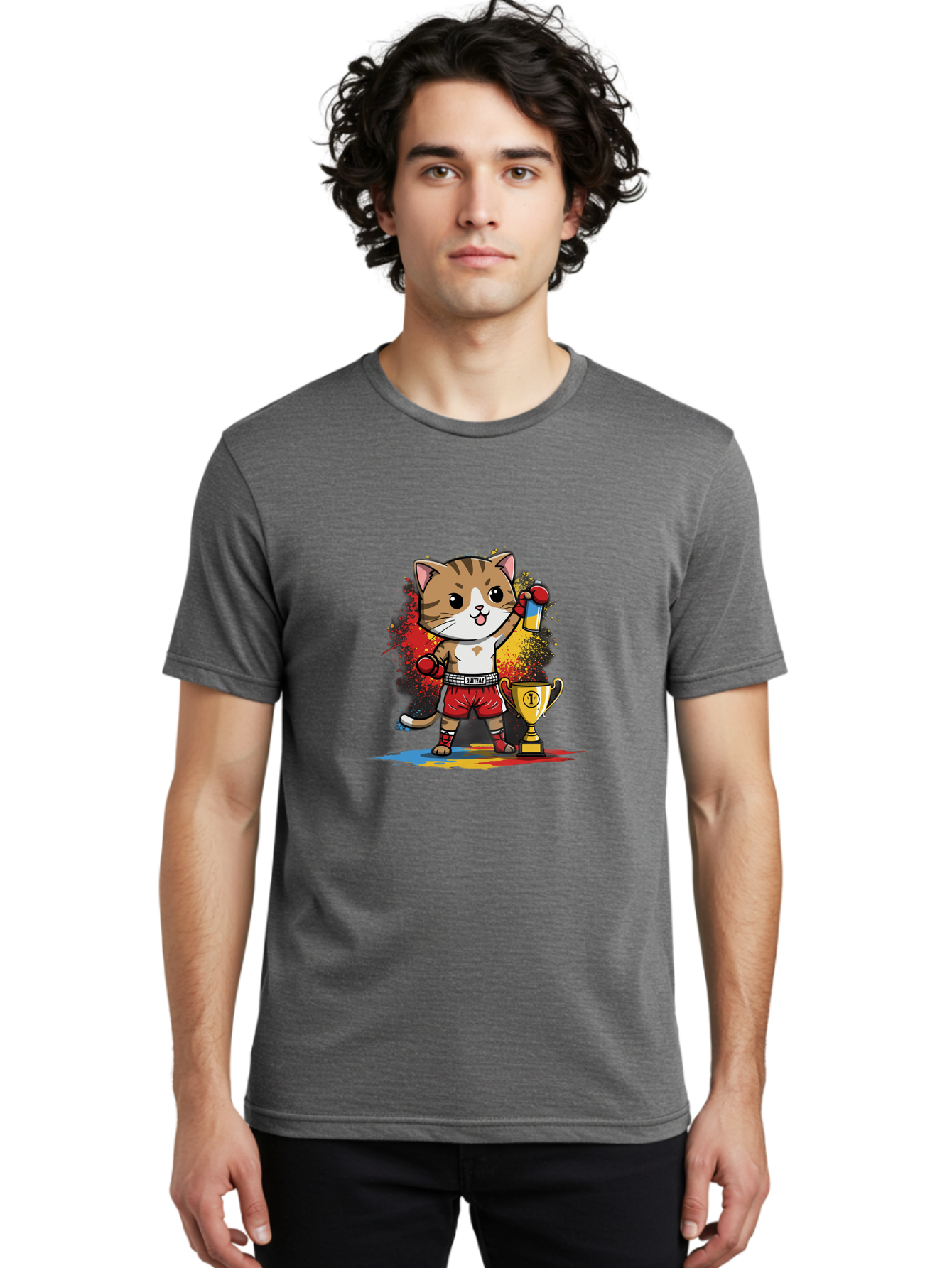 Cat-With-Trophy Men'S Graphic Tee, 100% Cotton, Comfortable Casual Summer Wear, Machine Washable, Cartoon Cat Boxer, Championship Trophy, Boxing Gloves, Champion Title, Victorious Pose, Confident Cat, Boxing Champion, Winner Cat Bae404