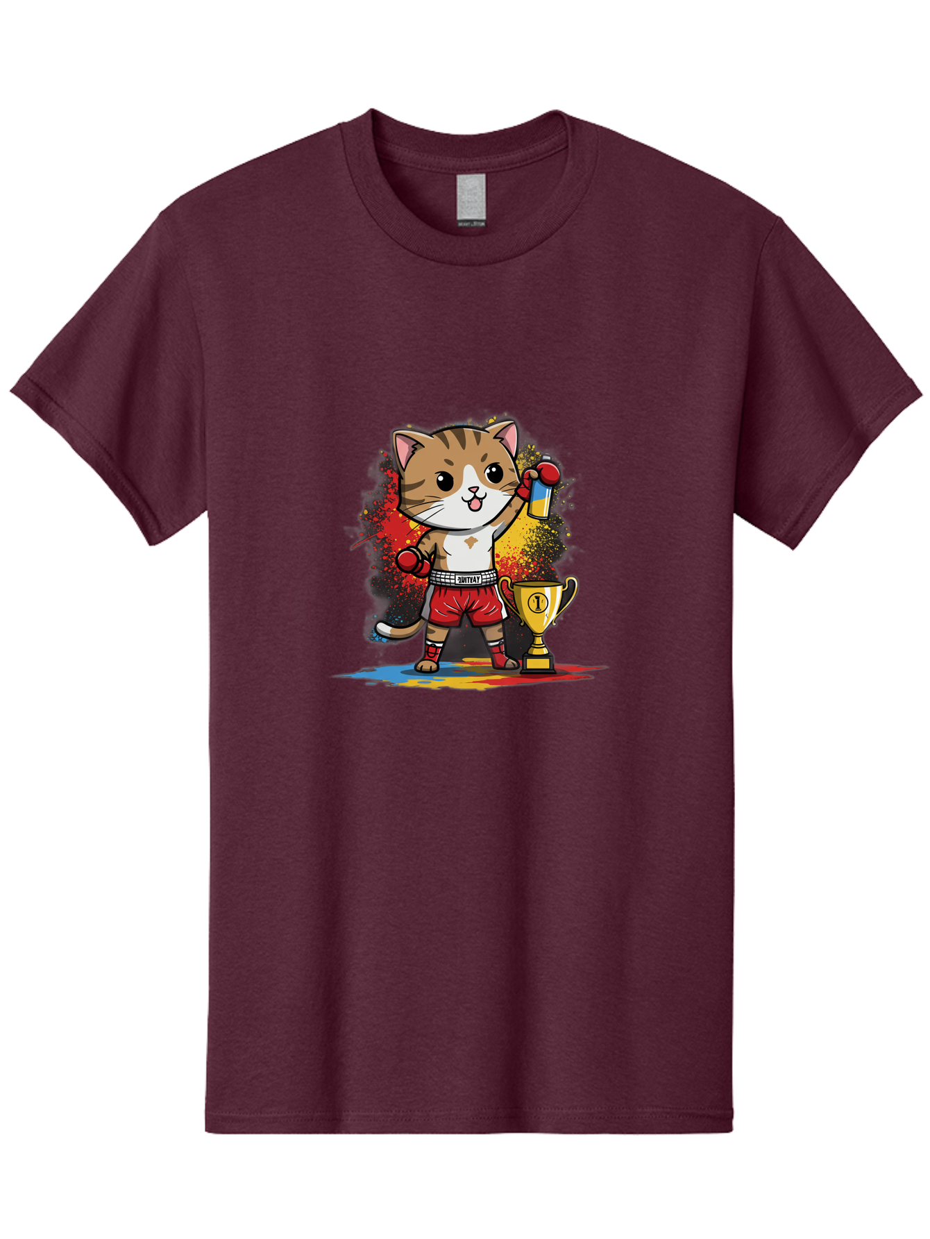 Cat-With-Trophy Men'S Graphic Tee, 100% Cotton, Comfortable Casual Summer Wear, Machine Washable, Cartoon Cat Boxer, Championship Trophy, Boxing Gloves, Champion Title, Victorious Pose, Confident Cat, Boxing Champion, Winner Cat Bae404