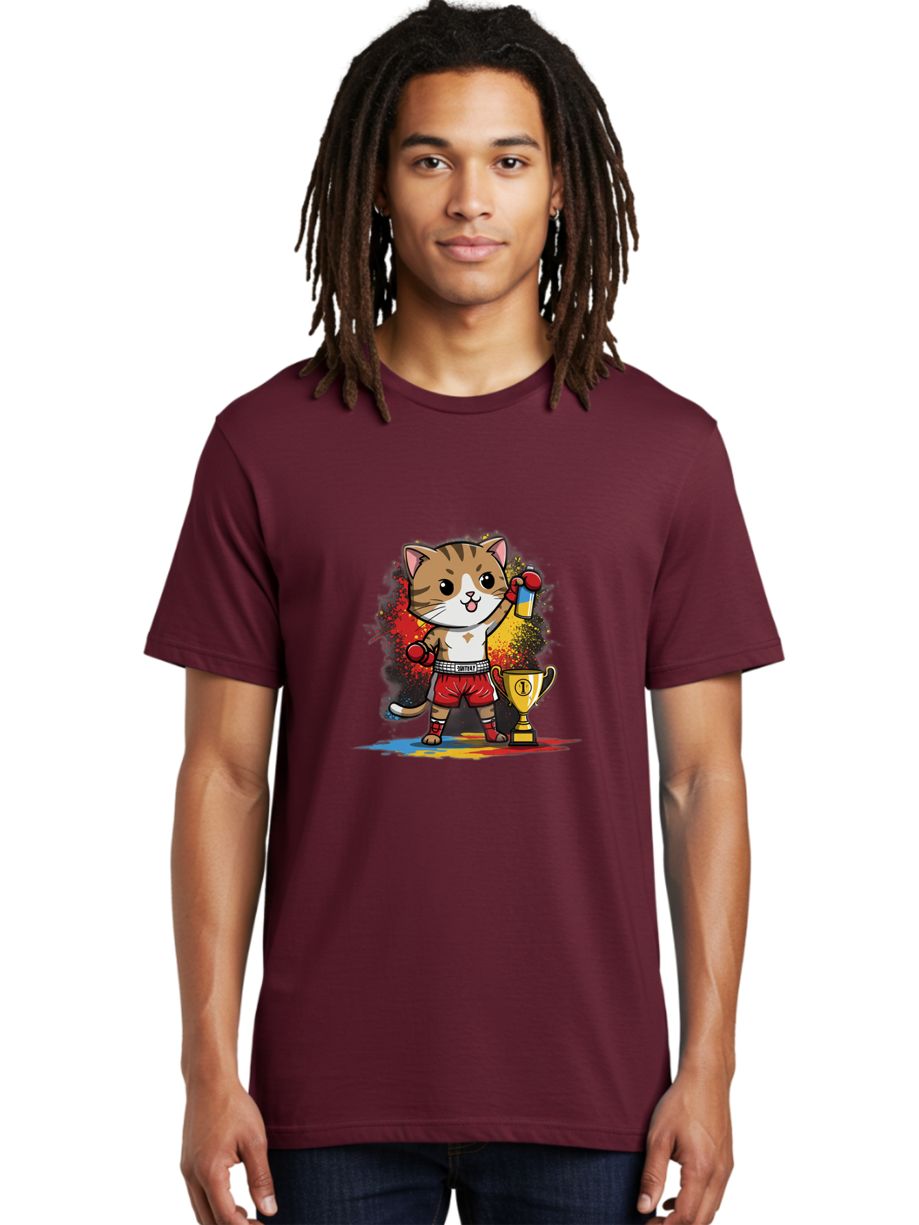 Cat-With-Trophy Men'S Graphic Tee, 100% Cotton, Comfortable Casual Summer Wear, Machine Washable, Cartoon Cat Boxer, Championship Trophy, Boxing Gloves, Champion Title, Victorious Pose, Confident Cat, Boxing Champion, Winner Cat Bae404