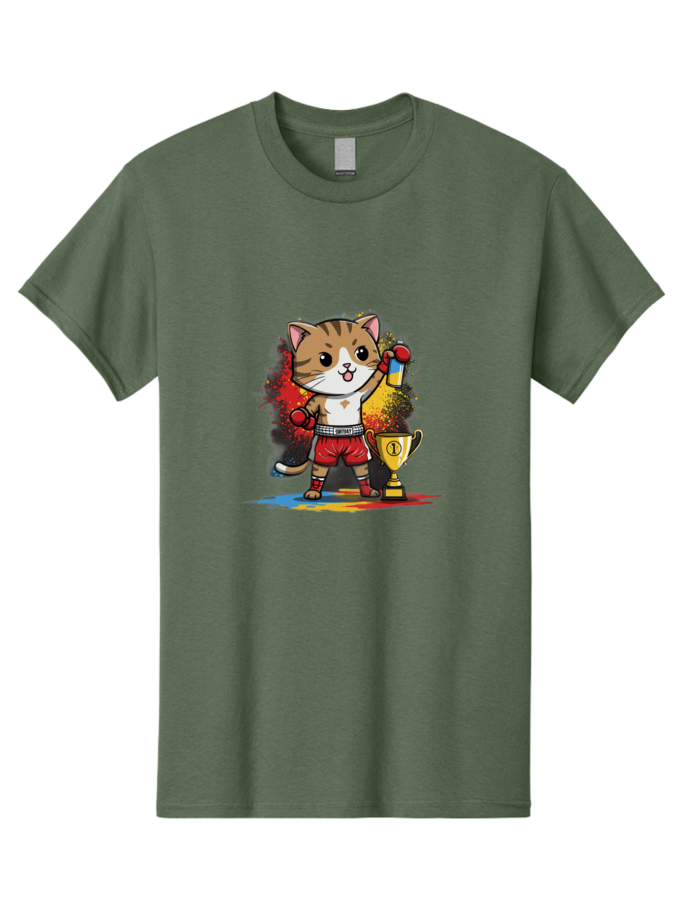 Cat-With-Trophy Men'S Graphic Tee, 100% Cotton, Comfortable Casual Summer Wear, Machine Washable, Cartoon Cat Boxer, Championship Trophy, Boxing Gloves, Champion Title, Victorious Pose, Confident Cat, Boxing Champion, Winner Cat Bae404