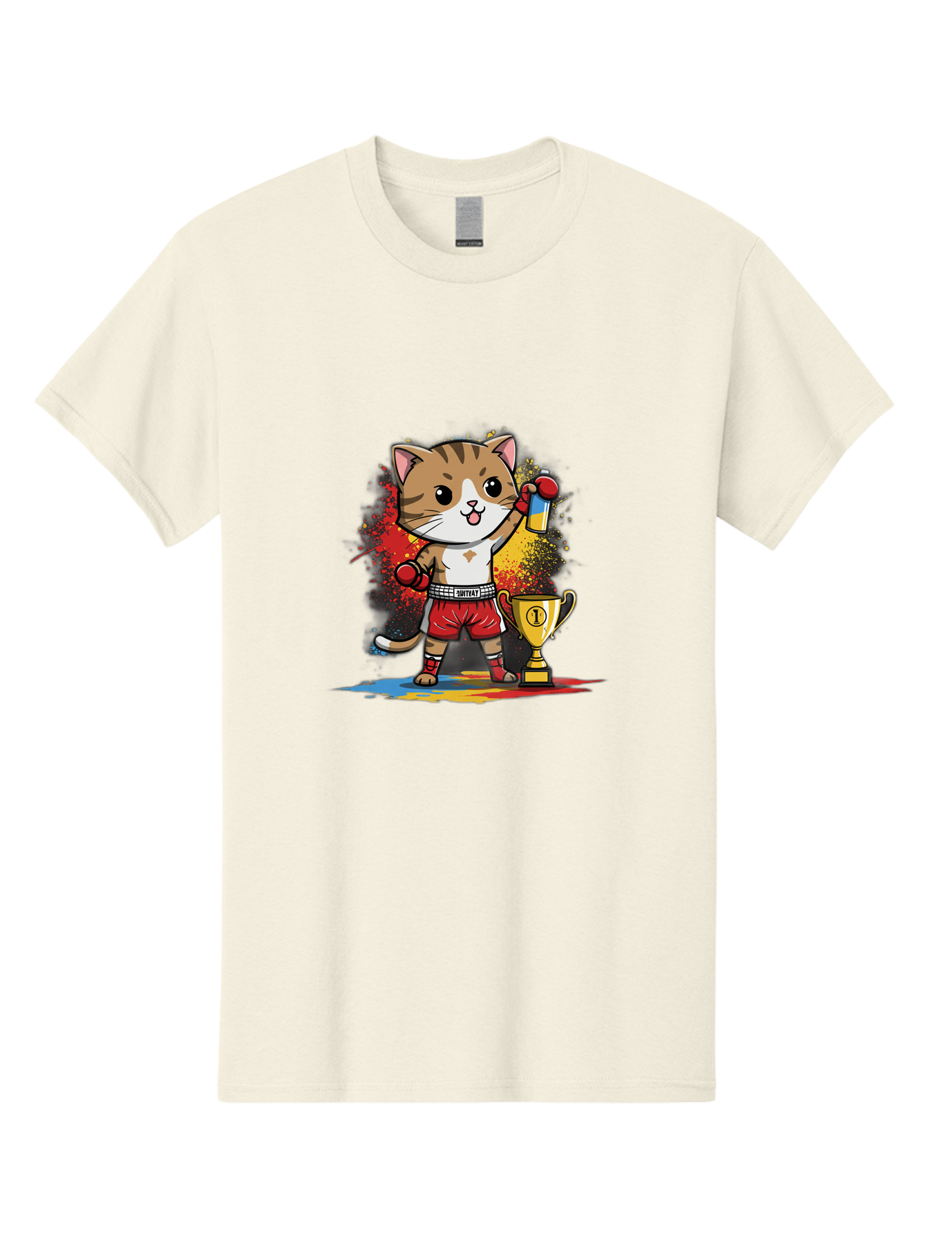 Cat-With-Trophy Men'S Graphic Tee, 100% Cotton, Comfortable Casual Summer Wear, Machine Washable, Cartoon Cat Boxer, Championship Trophy, Boxing Gloves, Champion Title, Victorious Pose, Confident Cat, Boxing Champion, Winner Cat Bae404