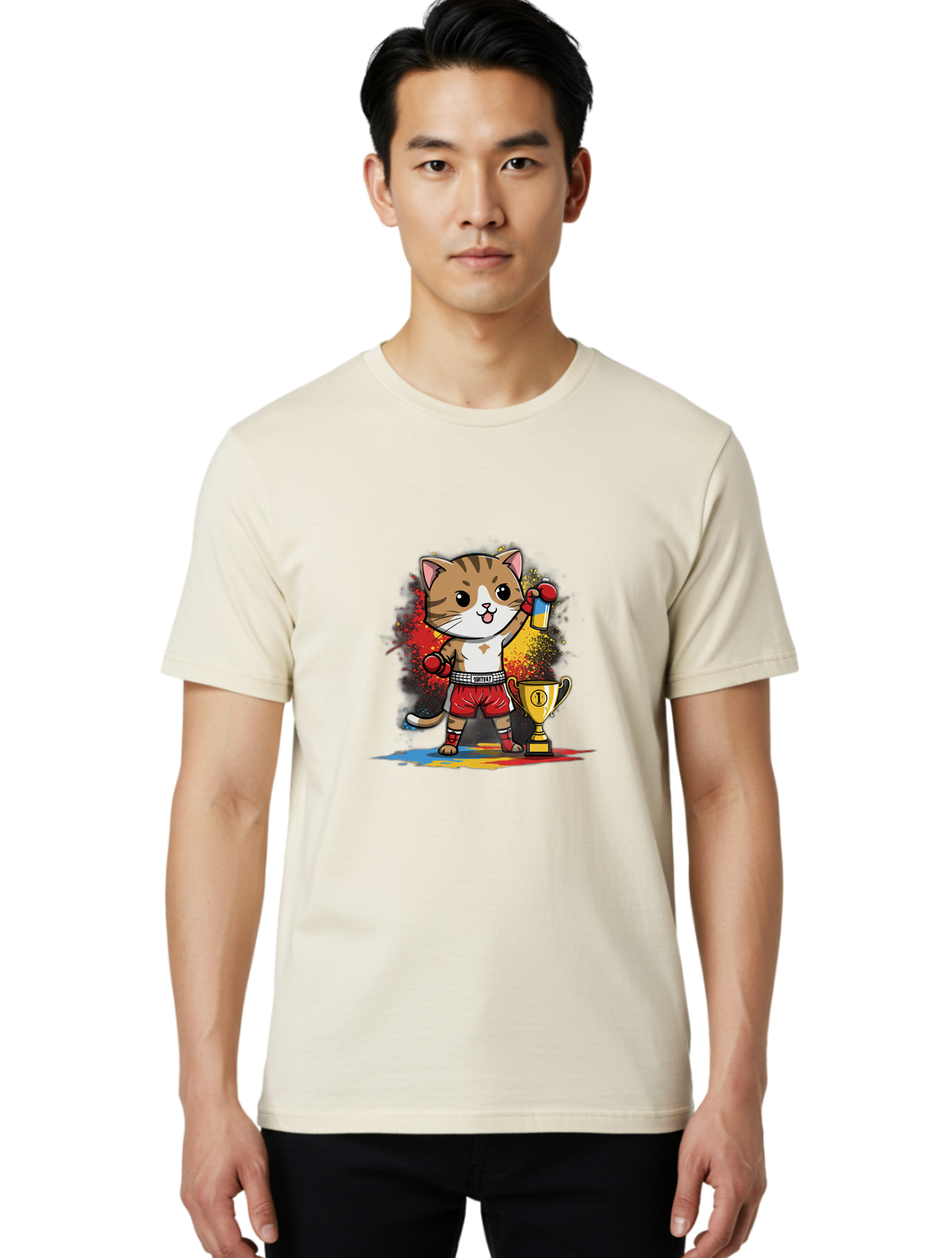 Cat-With-Trophy Men'S Graphic Tee, 100% Cotton, Comfortable Casual Summer Wear, Machine Washable, Cartoon Cat Boxer, Championship Trophy, Boxing Gloves, Champion Title, Victorious Pose, Confident Cat, Boxing Champion, Winner Cat Bae404