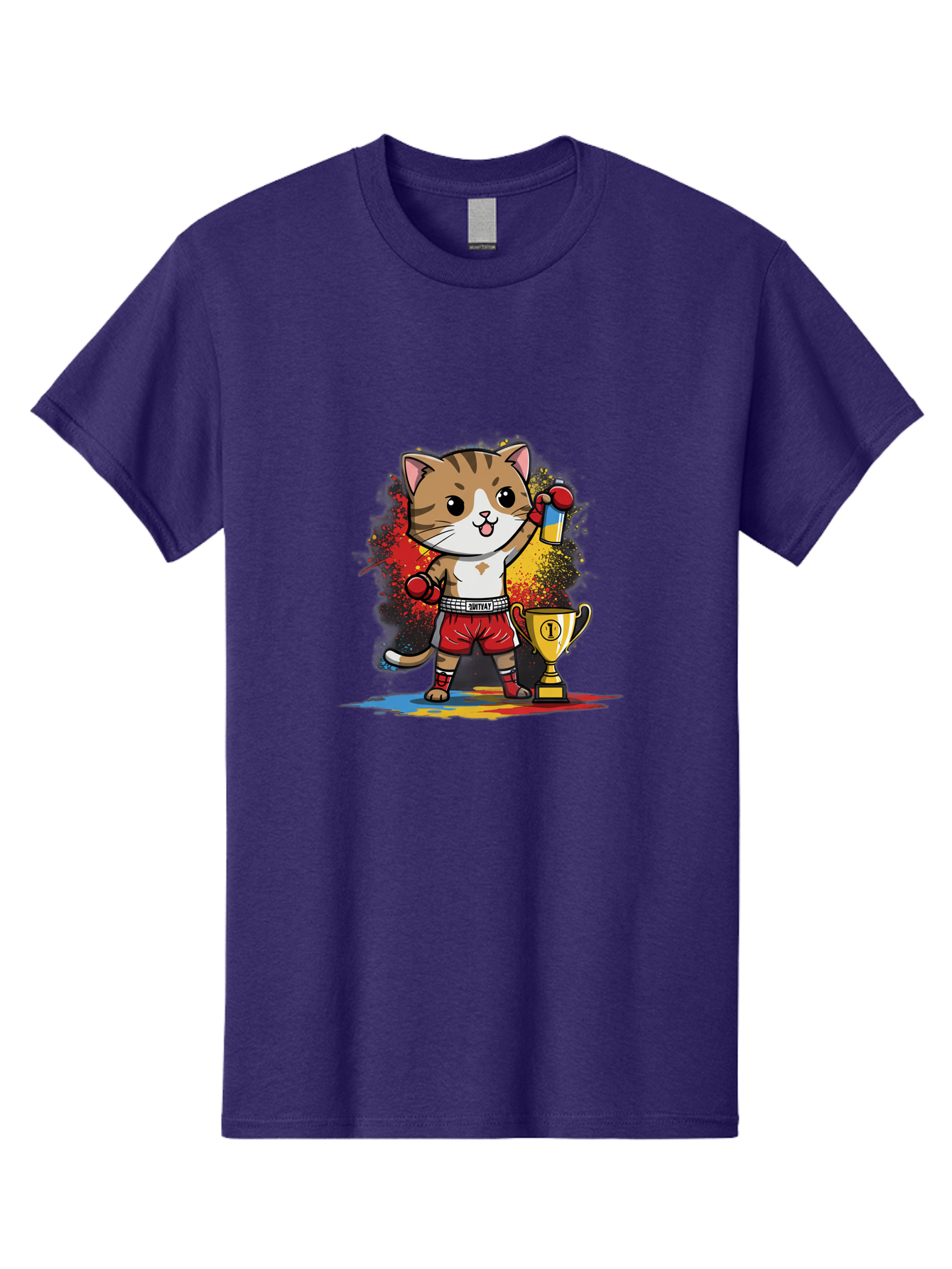 Cat-With-Trophy Men'S Graphic Tee, 100% Cotton, Comfortable Casual Summer Wear, Machine Washable, Cartoon Cat Boxer, Championship Trophy, Boxing Gloves, Champion Title, Victorious Pose, Confident Cat, Boxing Champion, Winner Cat Bae404