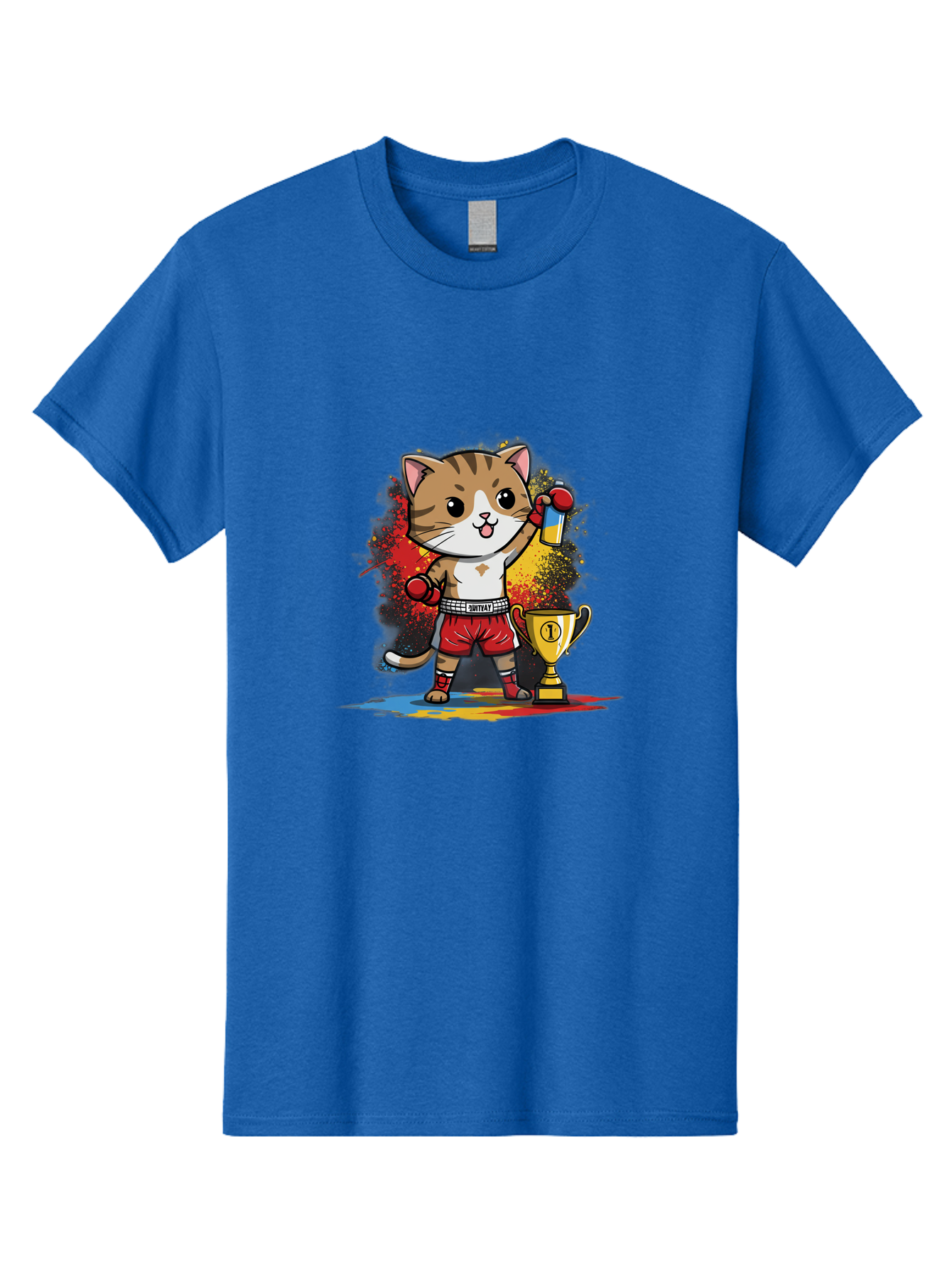 Cat-With-Trophy Men'S Graphic Tee, 100% Cotton, Comfortable Casual Summer Wear, Machine Washable, Cartoon Cat Boxer, Championship Trophy, Boxing Gloves, Champion Title, Victorious Pose, Confident Cat, Boxing Champion, Winner Cat Bae404