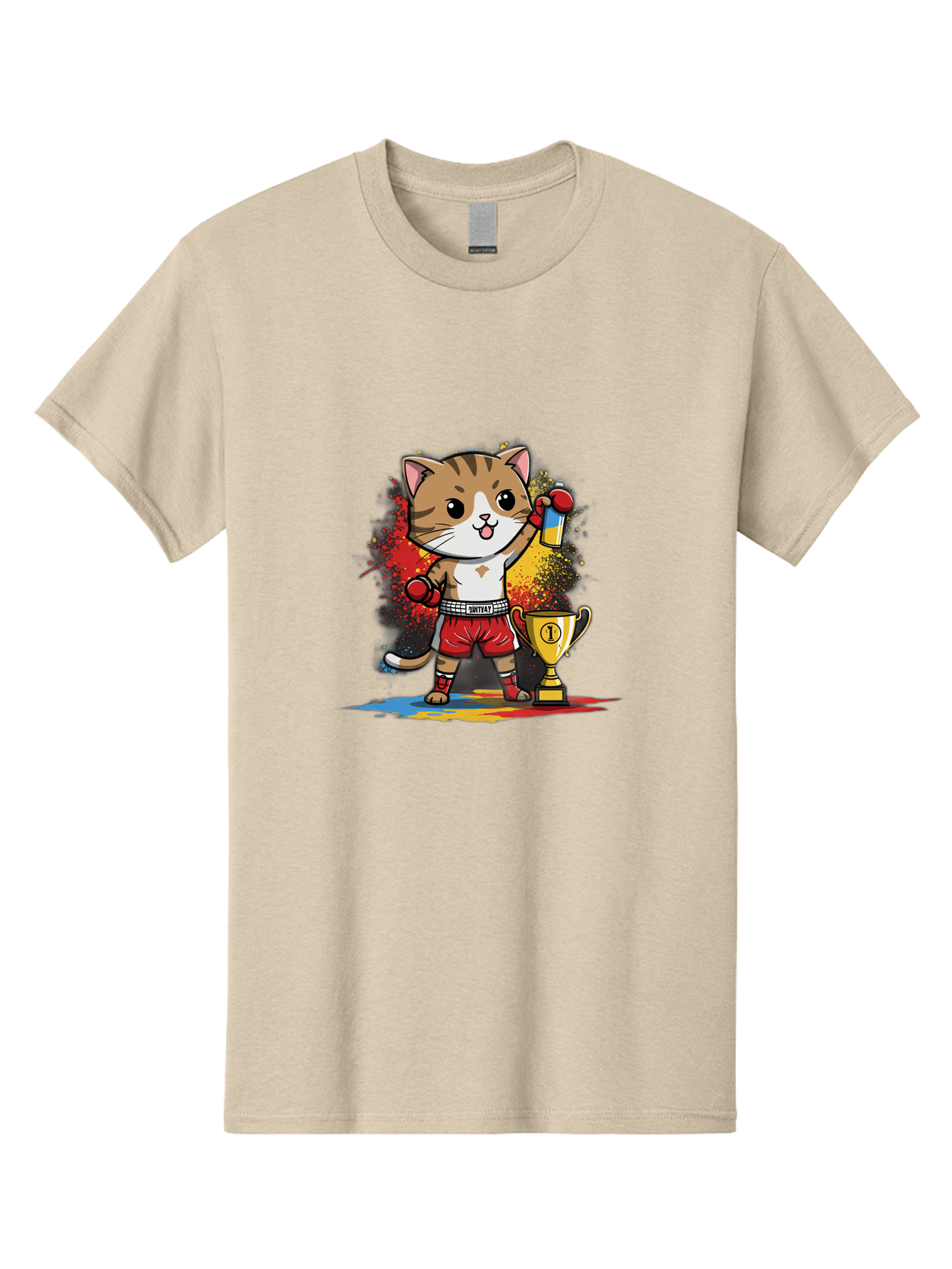 Cat-With-Trophy Men'S Graphic Tee, 100% Cotton, Comfortable Casual Summer Wear, Machine Washable, Cartoon Cat Boxer, Championship Trophy, Boxing Gloves, Champion Title, Victorious Pose, Confident Cat, Boxing Champion, Winner Cat Bae404