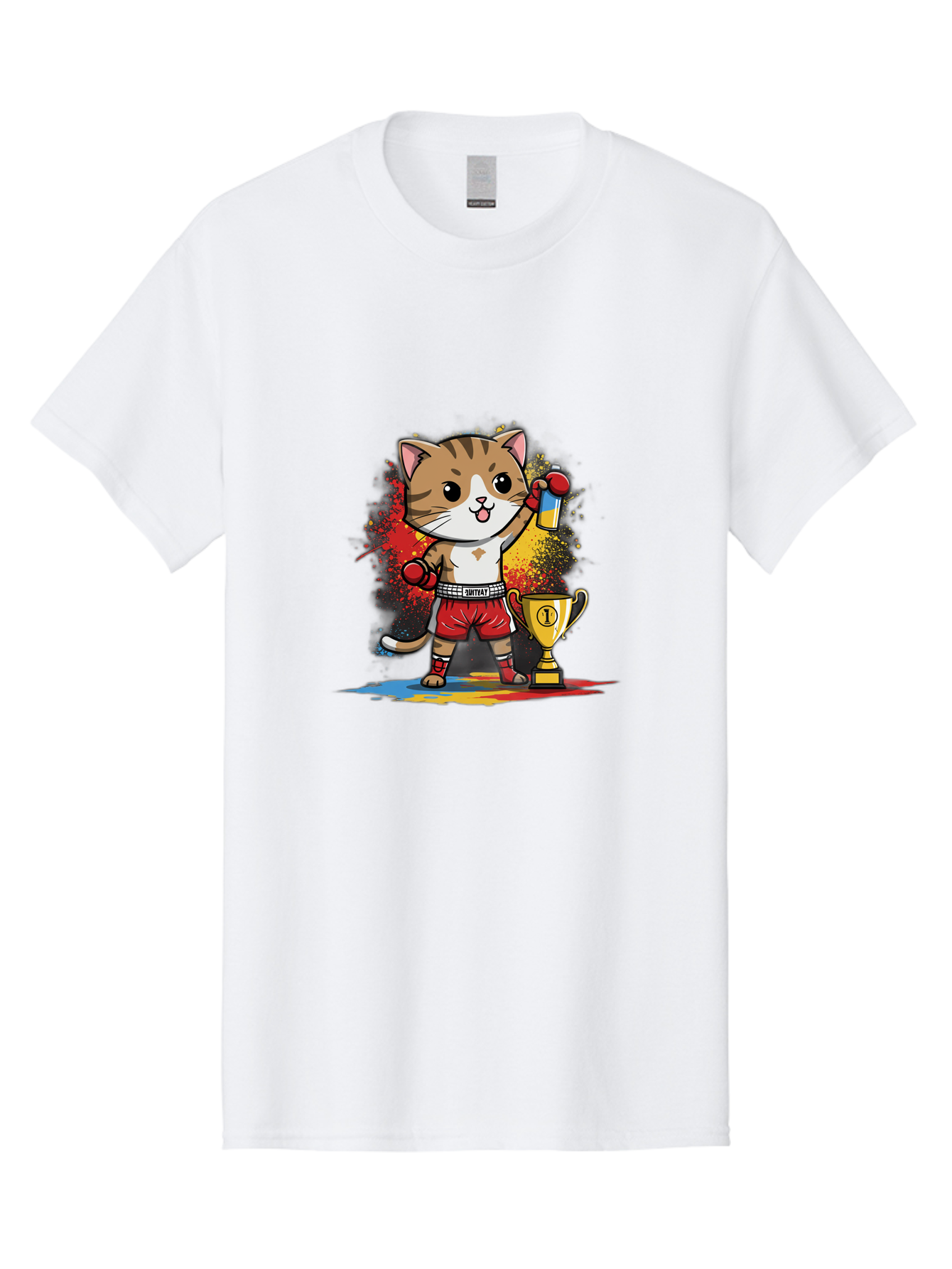 Cat-With-Trophy Men'S Graphic Tee, 100% Cotton, Comfortable Casual Summer Wear, Machine Washable, Cartoon Cat Boxer, Championship Trophy, Boxing Gloves, Champion Title, Victorious Pose, Confident Cat, Boxing Champion, Winner Cat Bae404