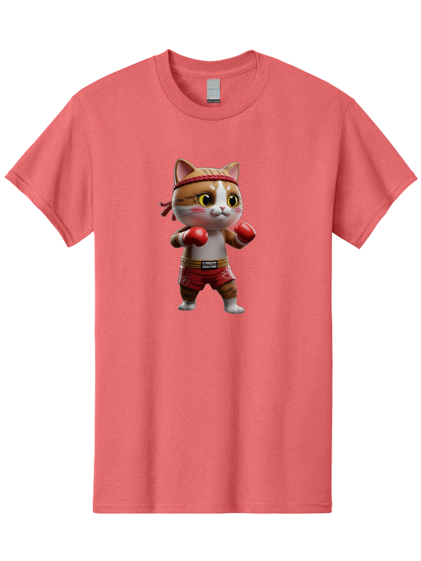 Caylin-Cat Men'S Graphic Tee, 100% Cotton, Comfortable Casual Summer Wear, Machine Washable, Cartoon Cat, Boxing Gloves, Red Shorts, Martial Arts, Adorable Animal, Cute Character, Toy Illustration, Fighting Stance, Red Headband, Bae405
