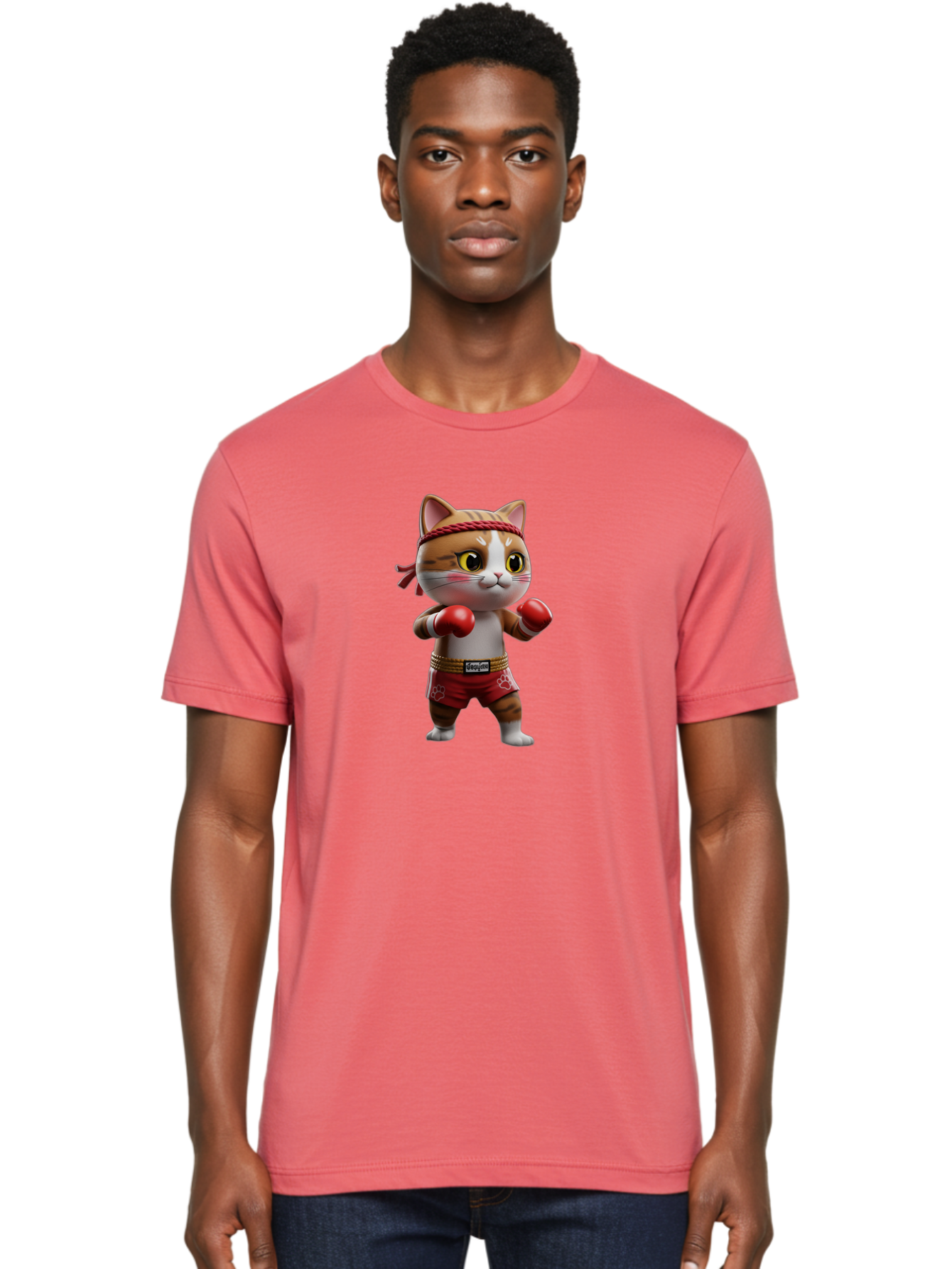 Caylin-Cat Men'S Graphic Tee, 100% Cotton, Comfortable Casual Summer Wear, Machine Washable, Cartoon Cat, Boxing Gloves, Red Shorts, Martial Arts, Adorable Animal, Cute Character, Toy Illustration, Fighting Stance, Red Headband, Bae405