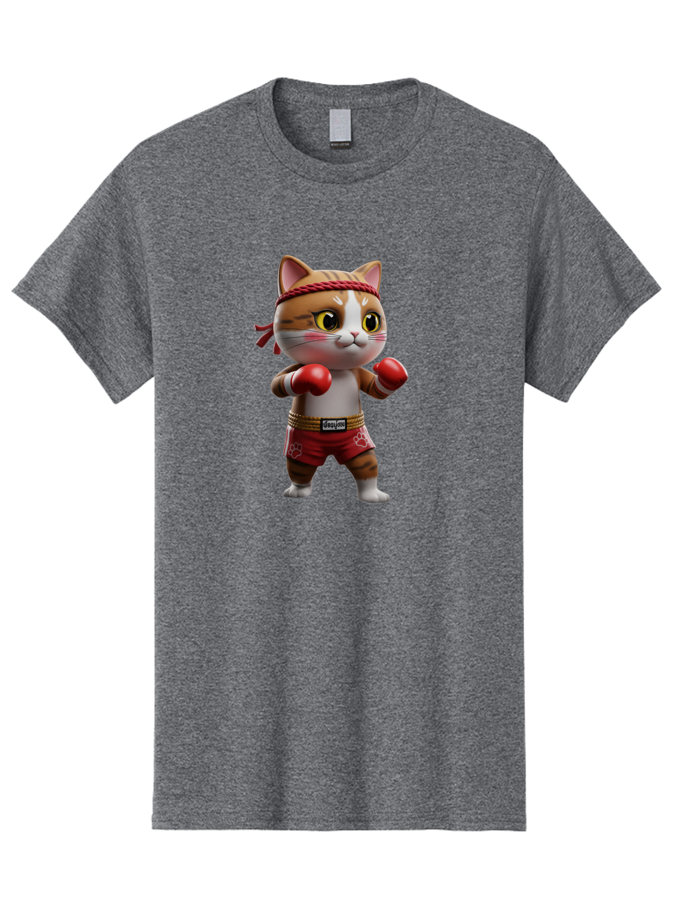 Caylin-Cat Men'S Graphic Tee, 100% Cotton, Comfortable Casual Summer Wear, Machine Washable, Cartoon Cat, Boxing Gloves, Red Shorts, Martial Arts, Adorable Animal, Cute Character, Toy Illustration, Fighting Stance, Red Headband, Bae405