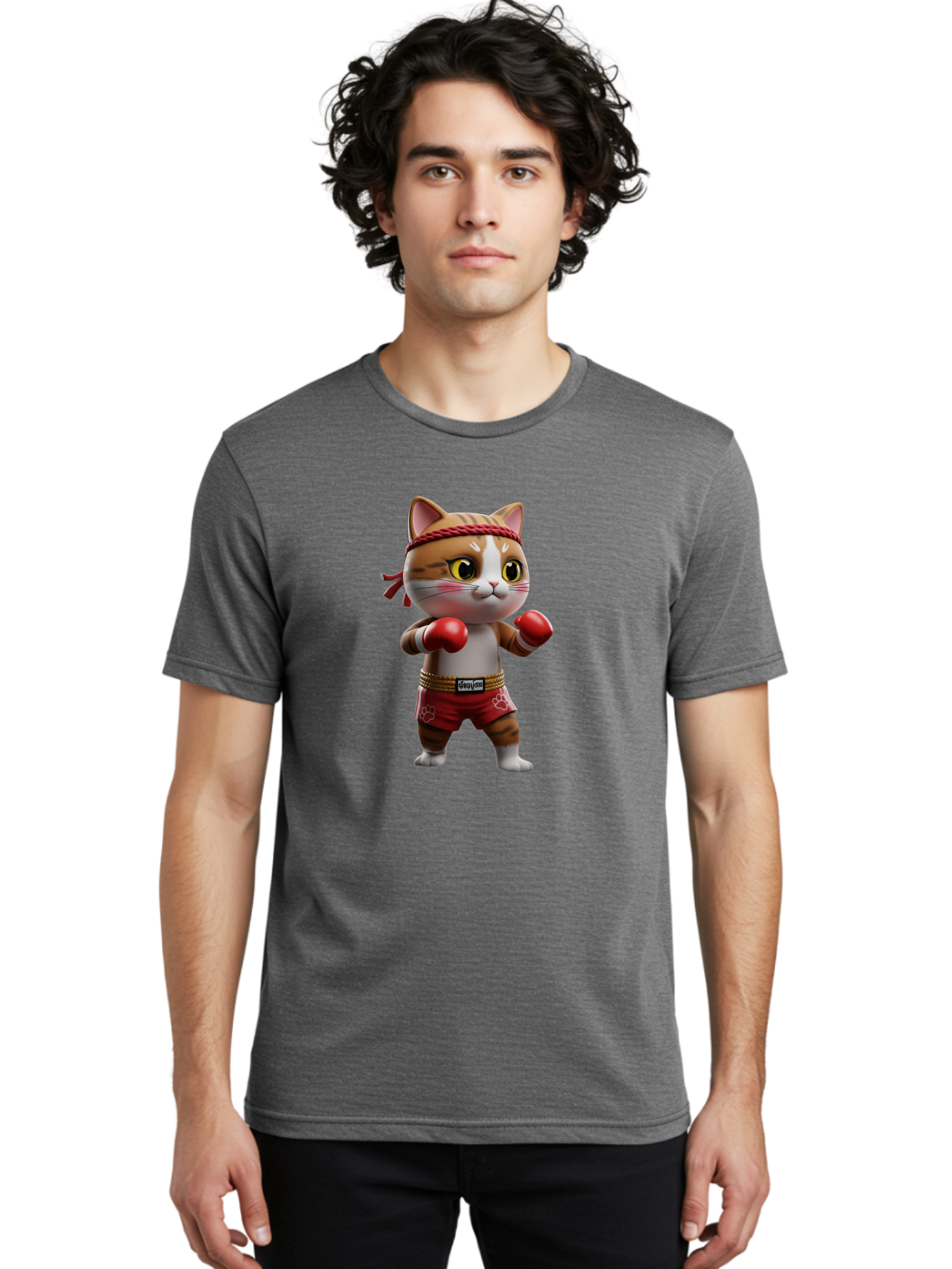Caylin-Cat Men'S Graphic Tee, 100% Cotton, Comfortable Casual Summer Wear, Machine Washable, Cartoon Cat, Boxing Gloves, Red Shorts, Martial Arts, Adorable Animal, Cute Character, Toy Illustration, Fighting Stance, Red Headband, Bae405
