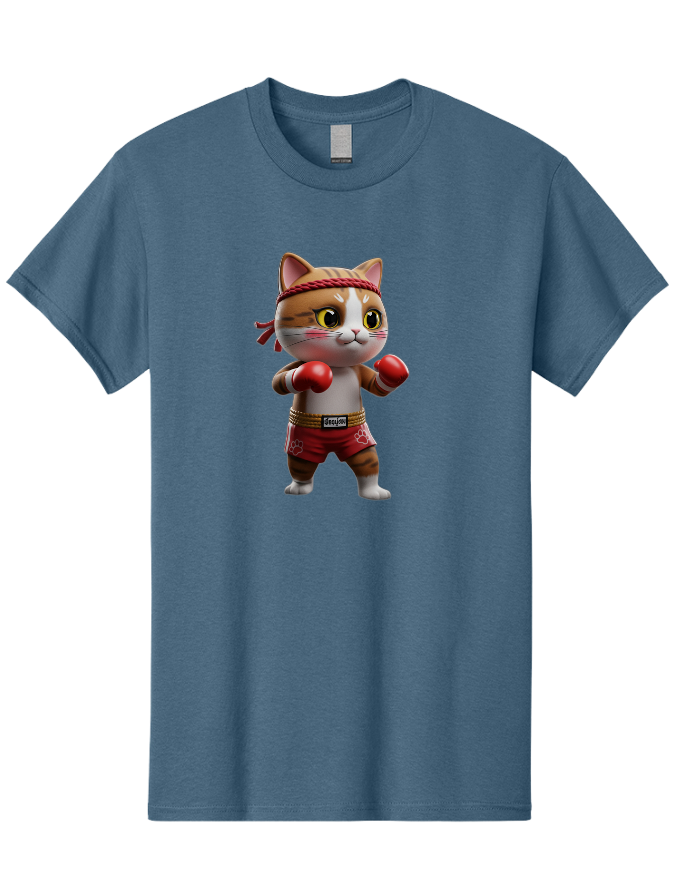 Caylin-Cat Men'S Graphic Tee, 100% Cotton, Comfortable Casual Summer Wear, Machine Washable, Cartoon Cat, Boxing Gloves, Red Shorts, Martial Arts, Adorable Animal, Cute Character, Toy Illustration, Fighting Stance, Red Headband, Bae405