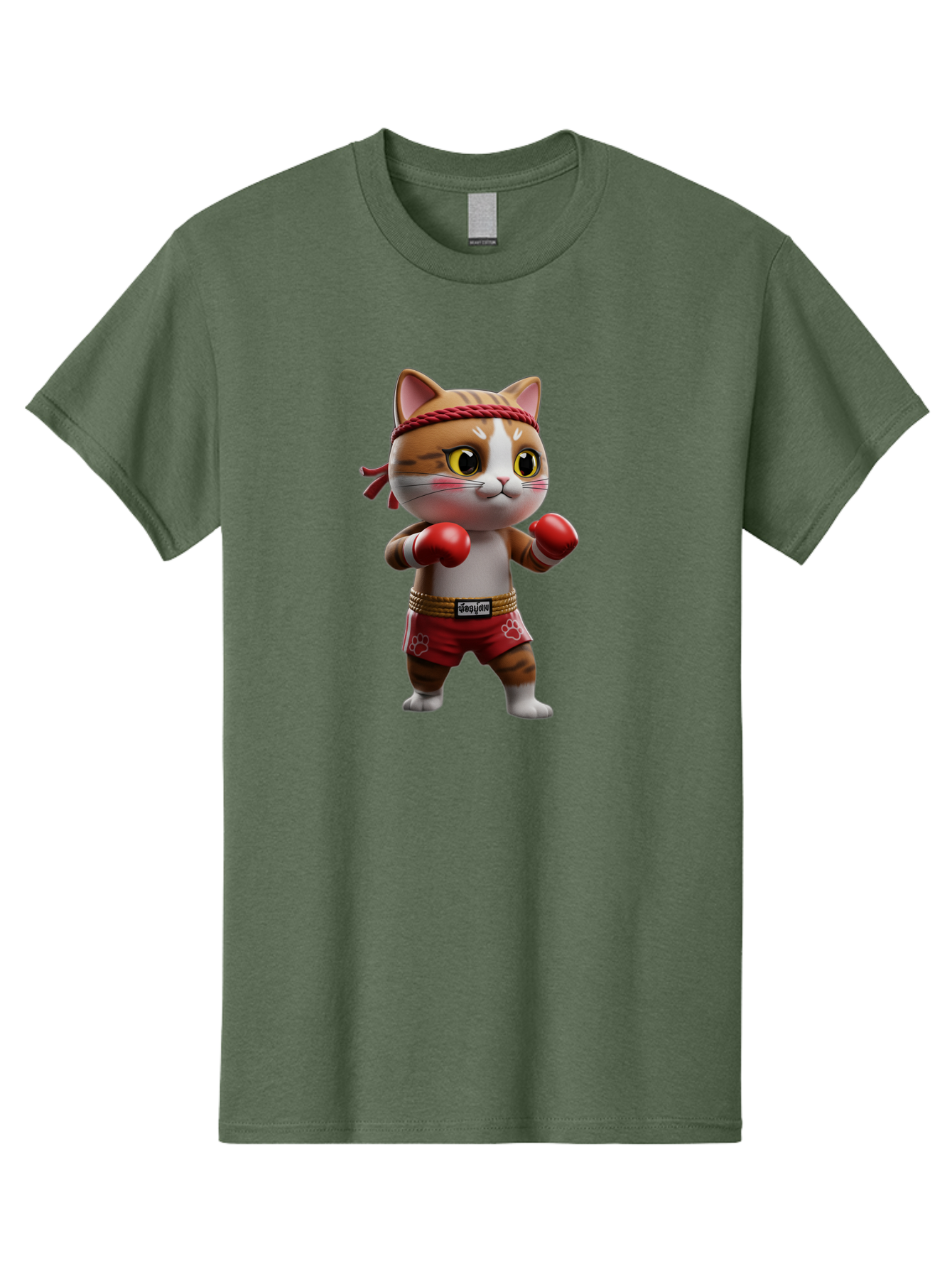 Caylin-Cat Men'S Graphic Tee, 100% Cotton, Comfortable Casual Summer Wear, Machine Washable, Cartoon Cat, Boxing Gloves, Red Shorts, Martial Arts, Adorable Animal, Cute Character, Toy Illustration, Fighting Stance, Red Headband, Bae405