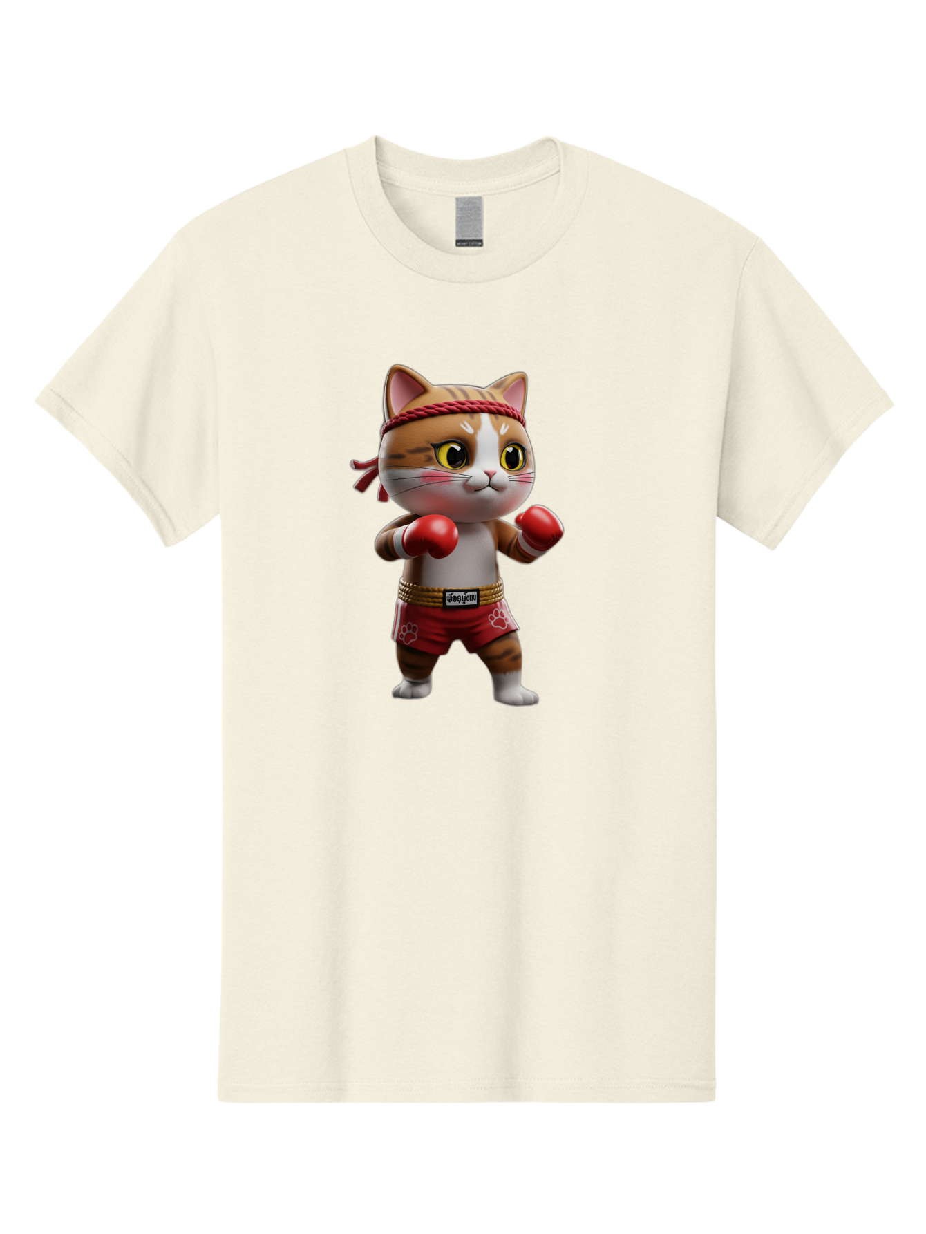 Caylin-Cat Men'S Graphic Tee, 100% Cotton, Comfortable Casual Summer Wear, Machine Washable, Cartoon Cat, Boxing Gloves, Red Shorts, Martial Arts, Adorable Animal, Cute Character, Toy Illustration, Fighting Stance, Red Headband, Bae405