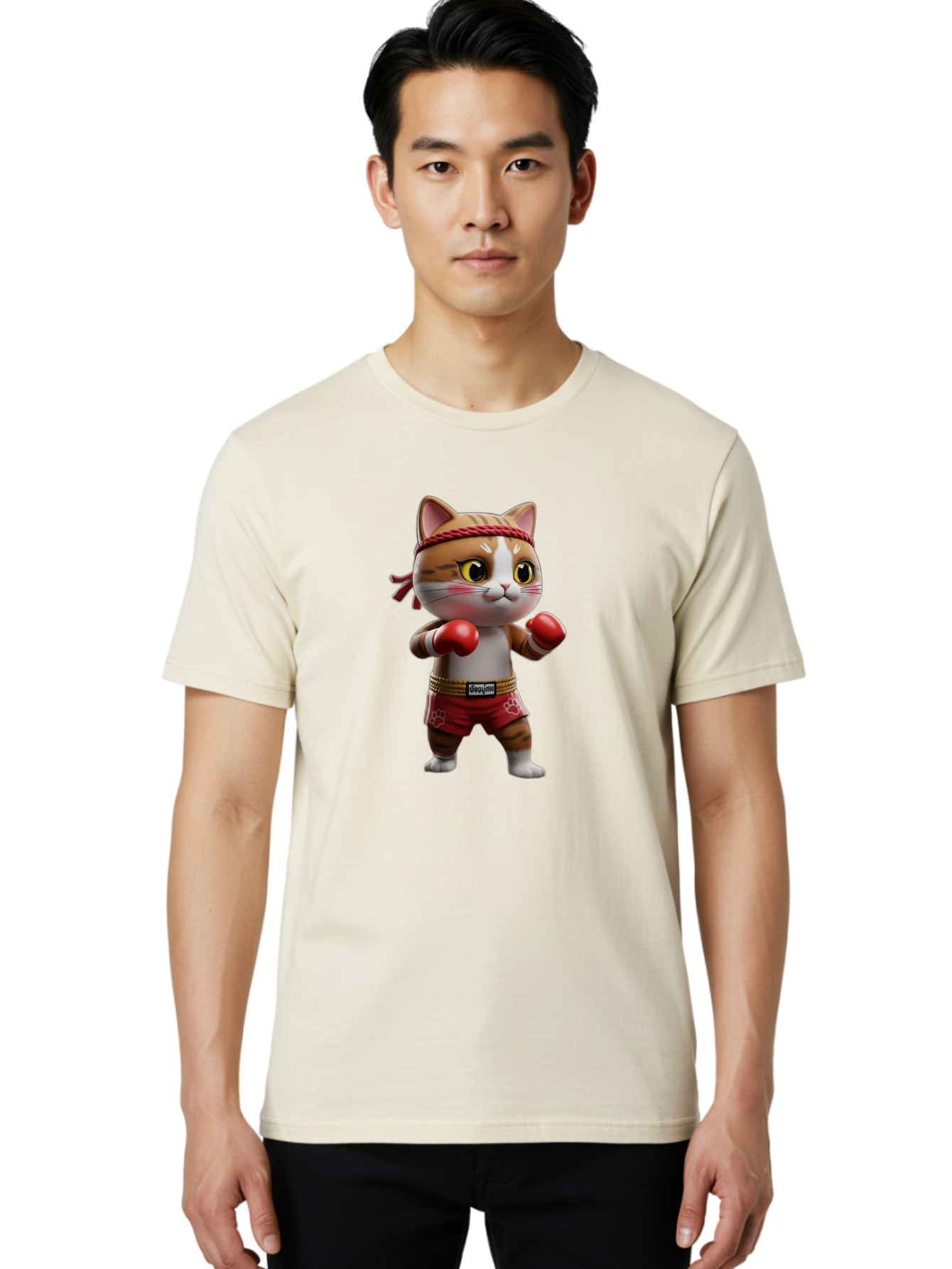 Caylin-Cat Men'S Graphic Tee, 100% Cotton, Comfortable Casual Summer Wear, Machine Washable, Cartoon Cat, Boxing Gloves, Red Shorts, Martial Arts, Adorable Animal, Cute Character, Toy Illustration, Fighting Stance, Red Headband, Bae405
