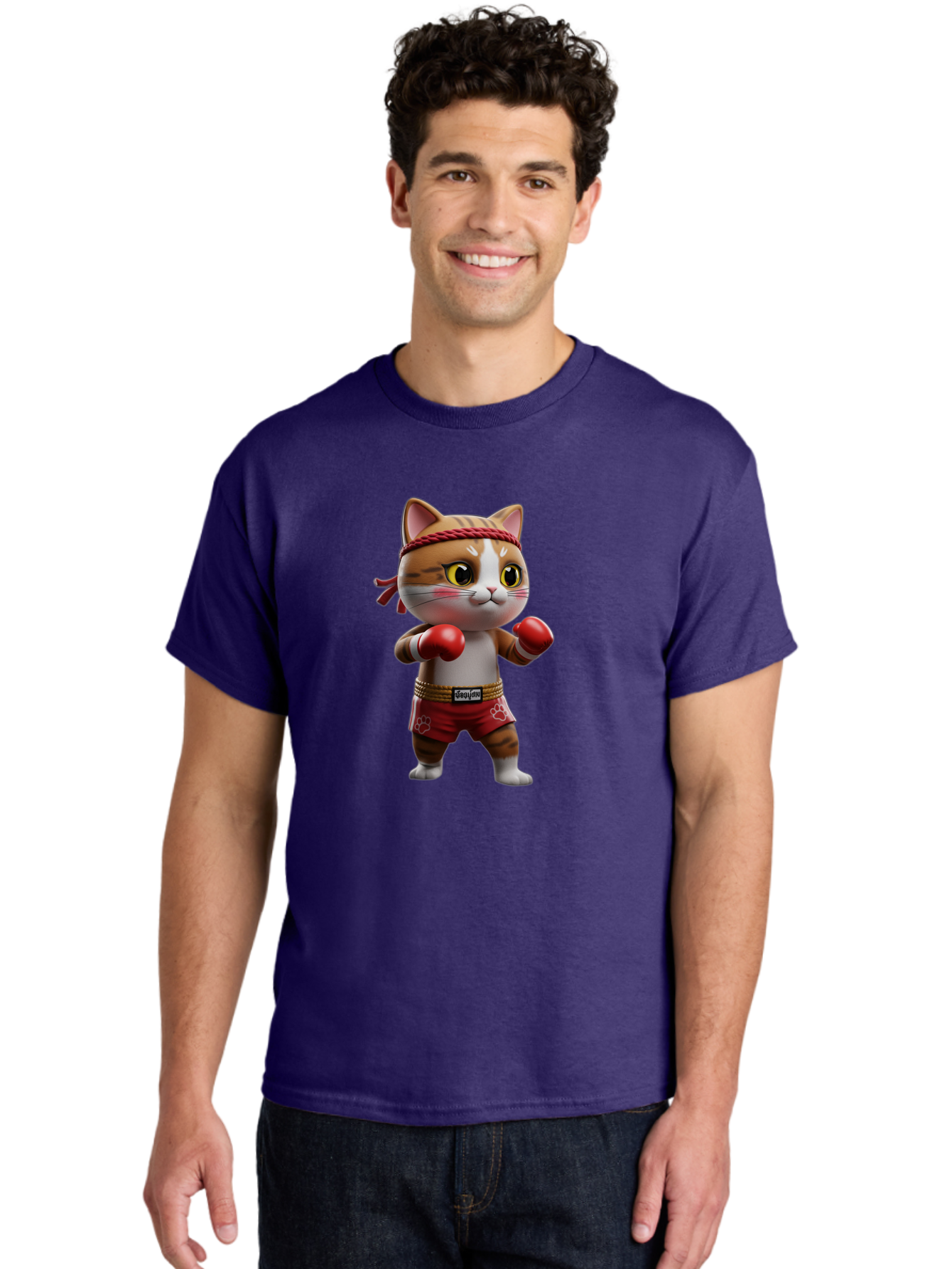 Caylin-Cat Men'S Graphic Tee, 100% Cotton, Comfortable Casual Summer Wear, Machine Washable, Cartoon Cat, Boxing Gloves, Red Shorts, Martial Arts, Adorable Animal, Cute Character, Toy Illustration, Fighting Stance, Red Headband, Bae405
