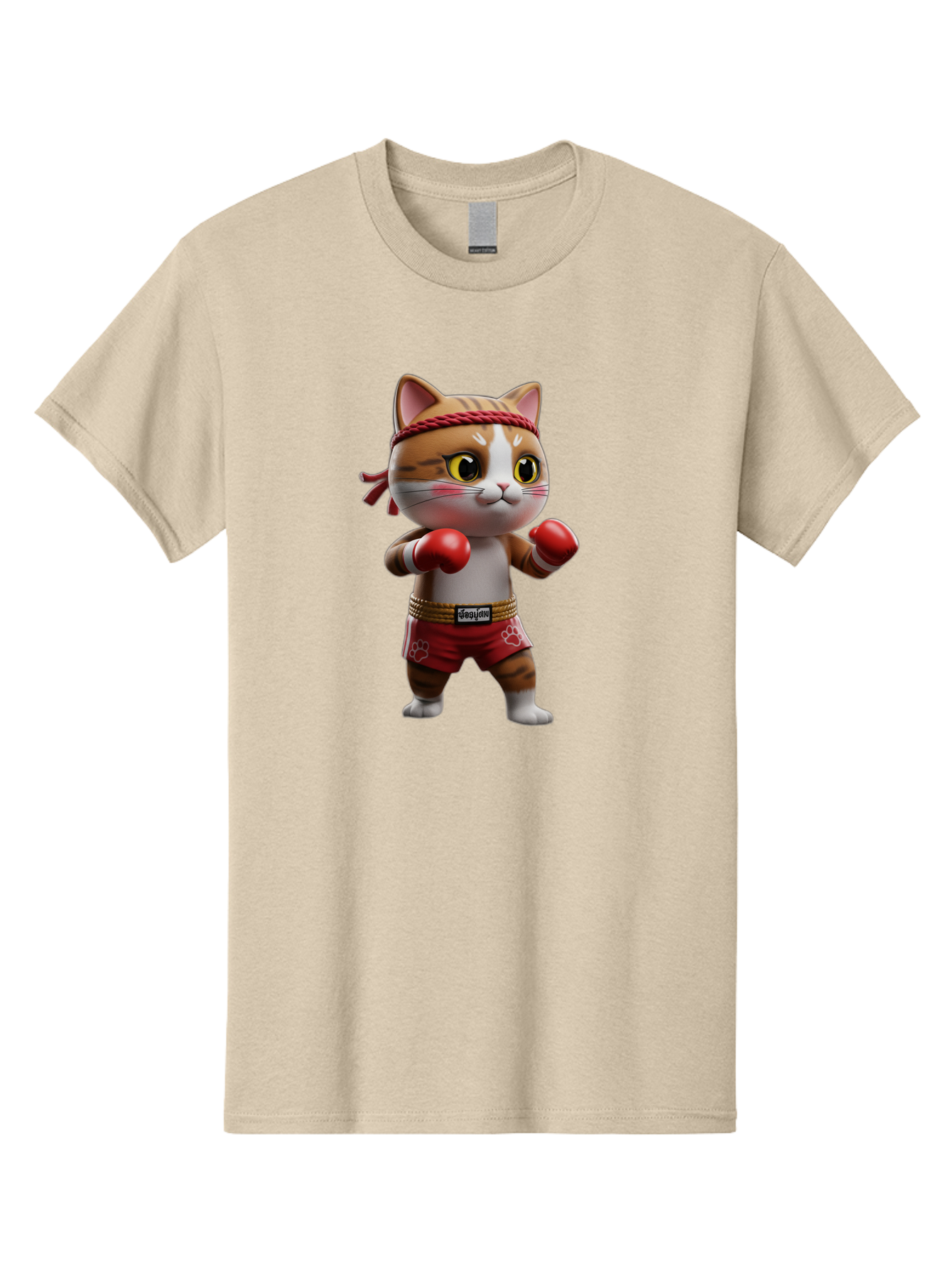 Caylin-Cat Men'S Graphic Tee, 100% Cotton, Comfortable Casual Summer Wear, Machine Washable, Cartoon Cat, Boxing Gloves, Red Shorts, Martial Arts, Adorable Animal, Cute Character, Toy Illustration, Fighting Stance, Red Headband, Bae405