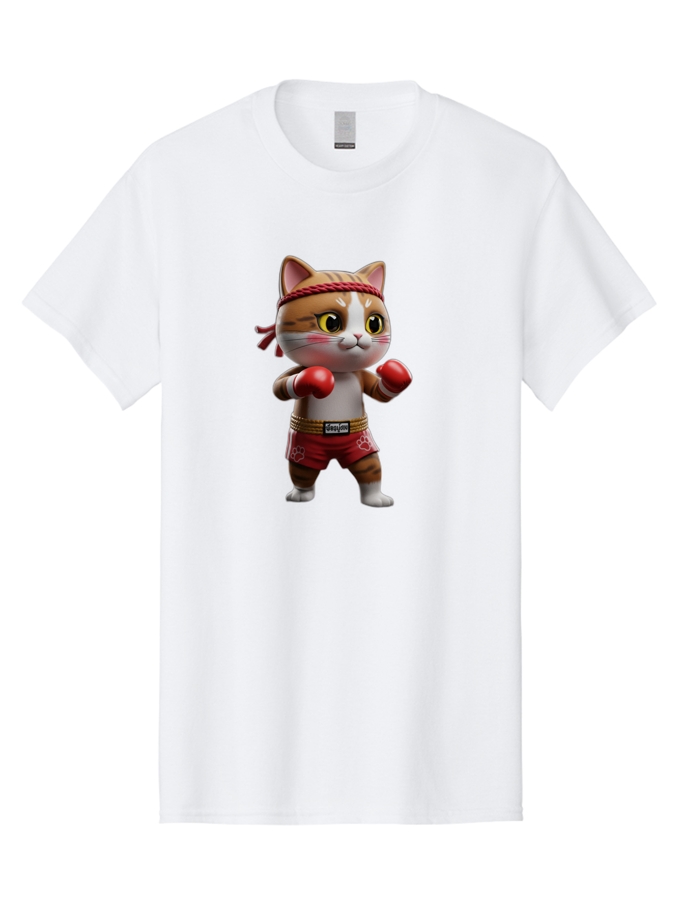 Caylin-Cat Men'S Graphic Tee, 100% Cotton, Comfortable Casual Summer Wear, Machine Washable, Cartoon Cat, Boxing Gloves, Red Shorts, Martial Arts, Adorable Animal, Cute Character, Toy Illustration, Fighting Stance, Red Headband, Bae405