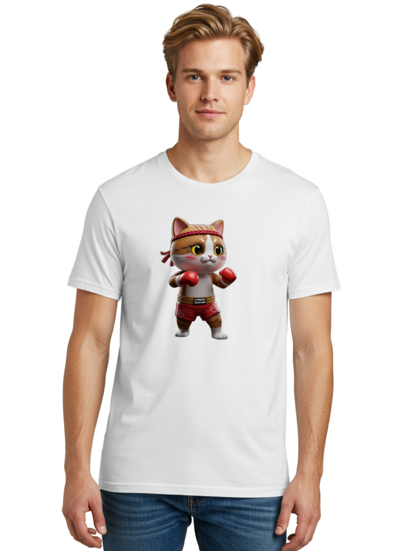 Caylin-Cat Men'S Graphic Tee, 100% Cotton, Comfortable Casual Summer Wear, Machine Washable, Cartoon Cat, Boxing Gloves, Red Shorts, Martial Arts, Adorable Animal, Cute Character, Toy Illustration, Fighting Stance, Red Headband, Bae405