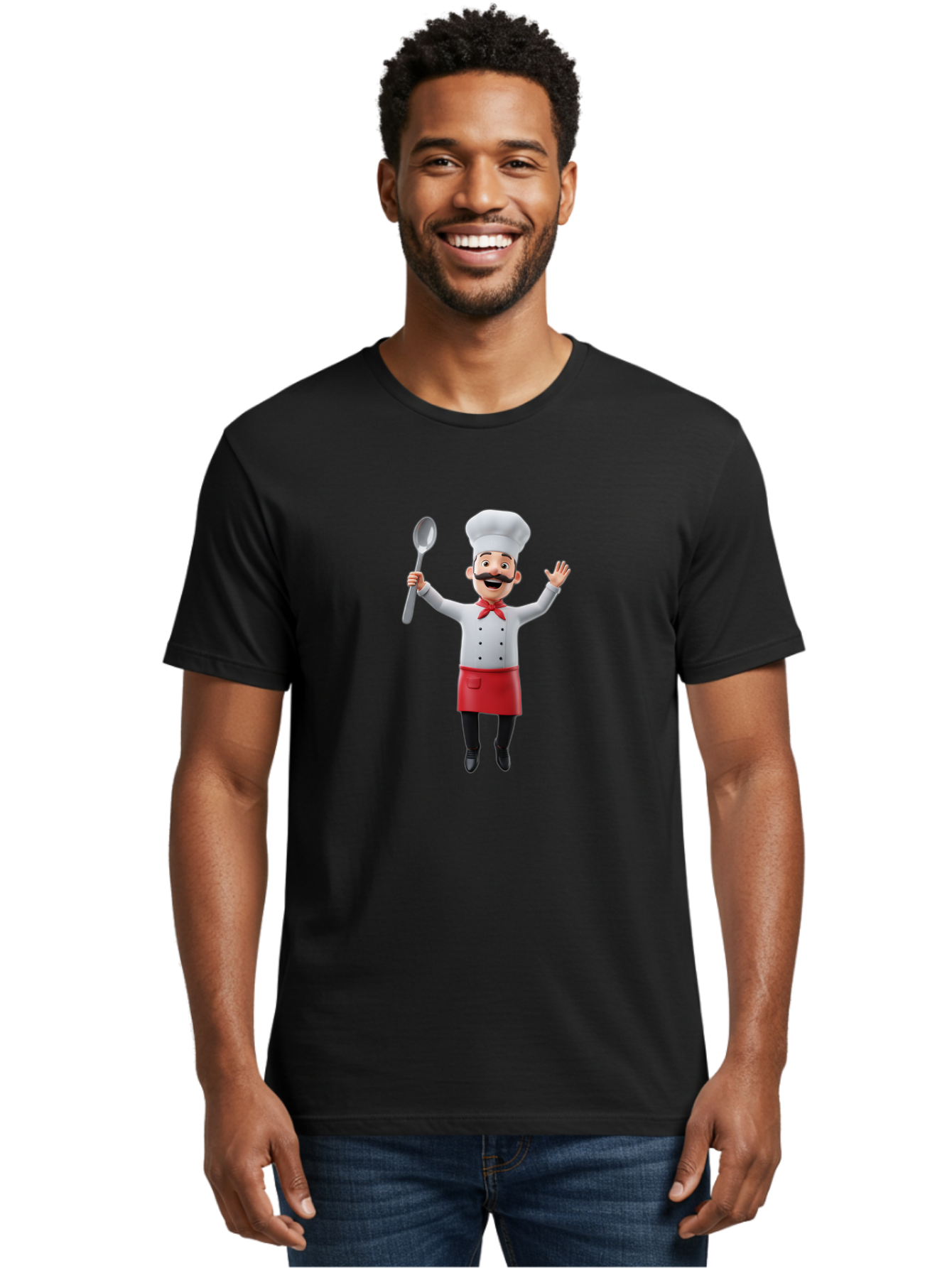 Chef-Character Men'S Graphic Tee, 100% Cotton, Comfortable Casual Summer Wear, Machine Washable, Cartoon Chef, White Hat, Red Apron, White Jacket, Metal Ladle, Welcoming Gesture, Chef Attire, Culinary Art, Kitchen Staff, Cooking Enthusiast, Bae407