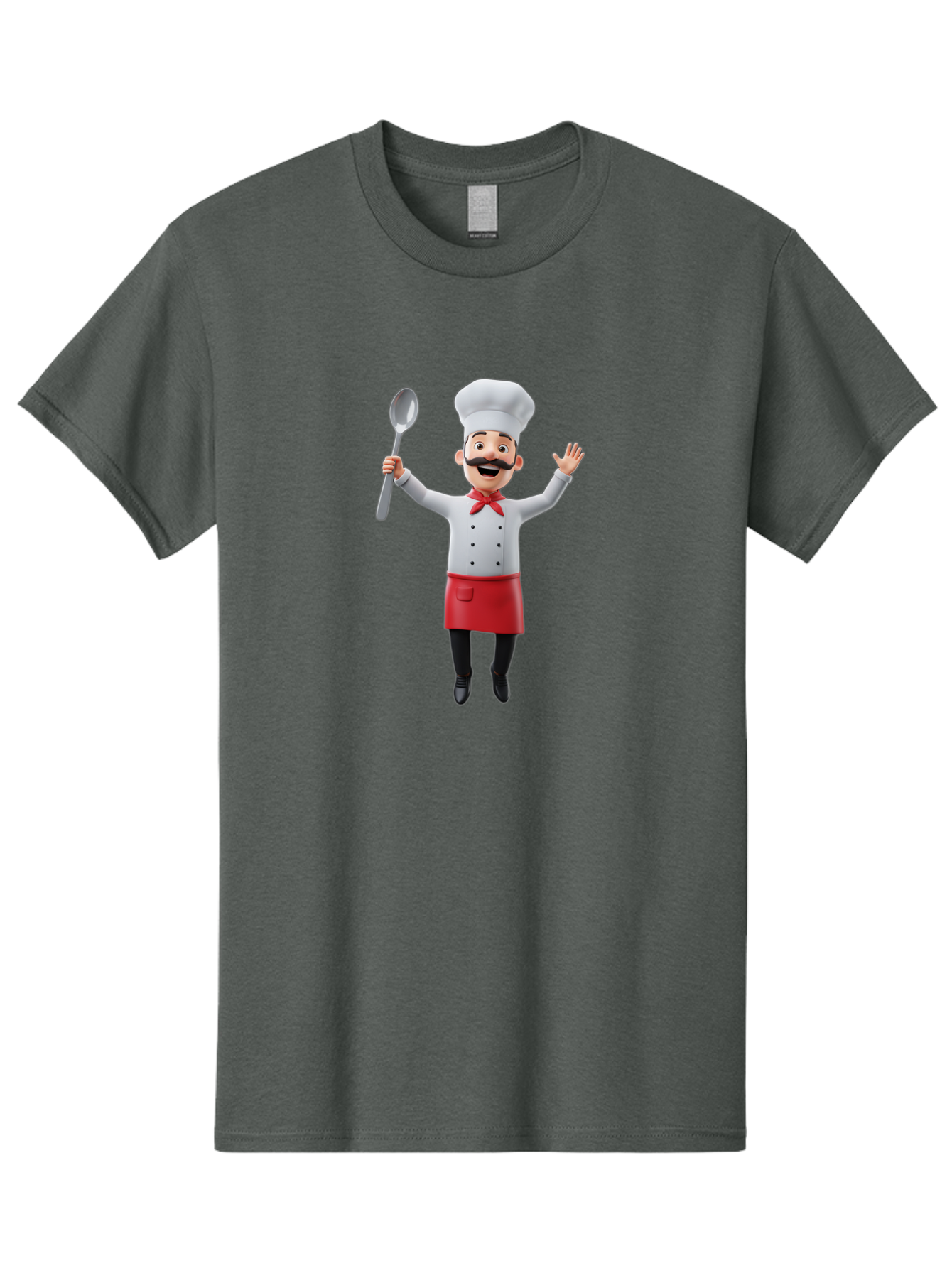 Chef-Character Men'S Graphic Tee, 100% Cotton, Comfortable Casual Summer Wear, Machine Washable, Cartoon Chef, White Hat, Red Apron, White Jacket, Metal Ladle, Welcoming Gesture, Chef Attire, Culinary Art, Kitchen Staff, Cooking Enthusiast, Bae407