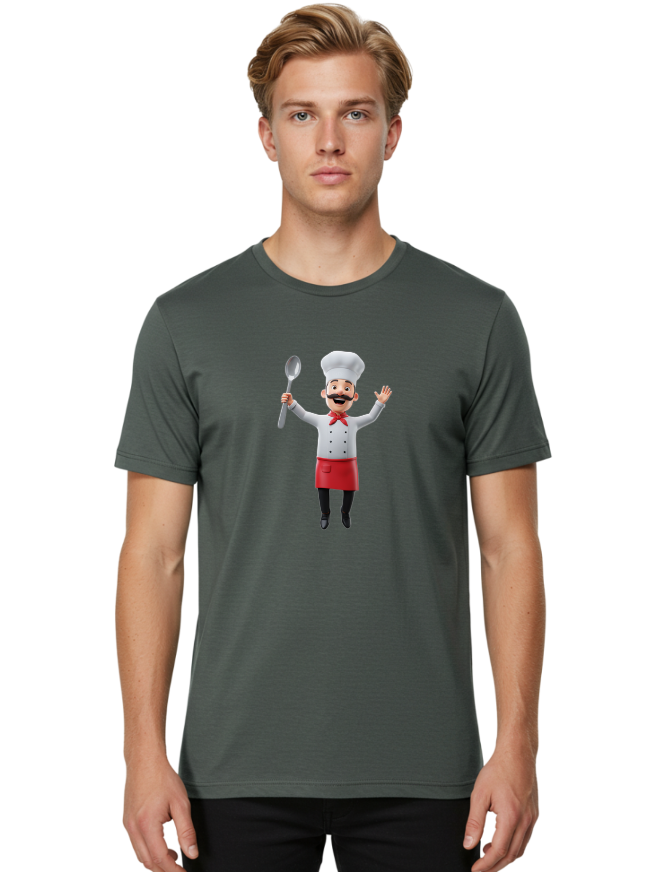 Chef-Character Men'S Graphic Tee, 100% Cotton, Comfortable Casual Summer Wear, Machine Washable, Cartoon Chef, White Hat, Red Apron, White Jacket, Metal Ladle, Welcoming Gesture, Chef Attire, Culinary Art, Kitchen Staff, Cooking Enthusiast, Bae407