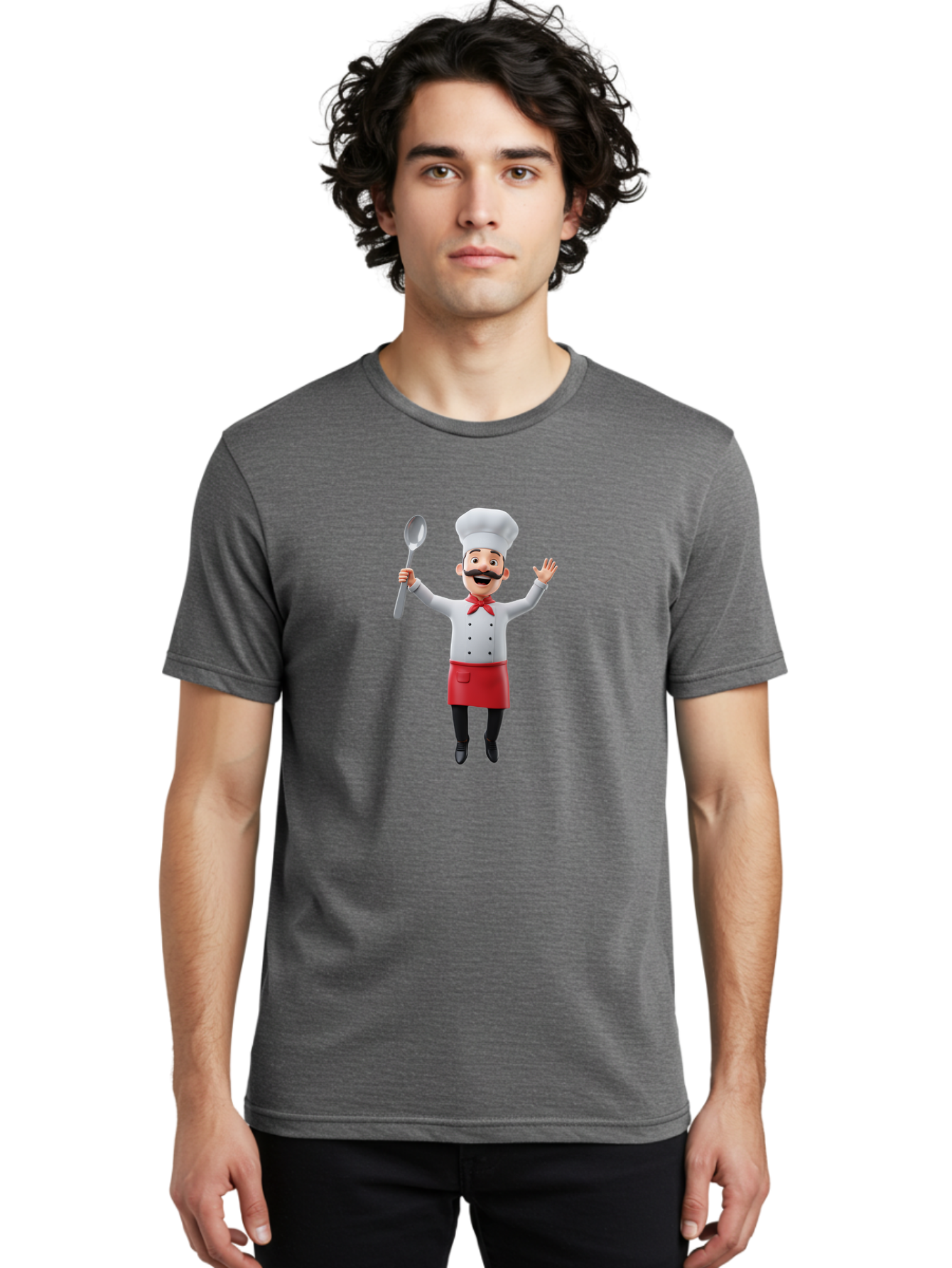 Chef-Character Men'S Graphic Tee, 100% Cotton, Comfortable Casual Summer Wear, Machine Washable, Cartoon Chef, White Hat, Red Apron, White Jacket, Metal Ladle, Welcoming Gesture, Chef Attire, Culinary Art, Kitchen Staff, Cooking Enthusiast, Bae407