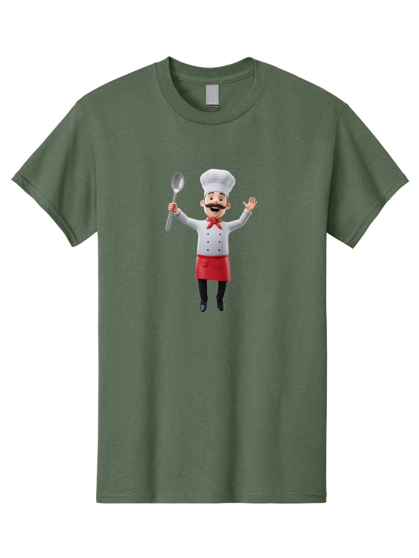 Chef-Character Men'S Graphic Tee, 100% Cotton, Comfortable Casual Summer Wear, Machine Washable, Cartoon Chef, White Hat, Red Apron, White Jacket, Metal Ladle, Welcoming Gesture, Chef Attire, Culinary Art, Kitchen Staff, Cooking Enthusiast, Bae407