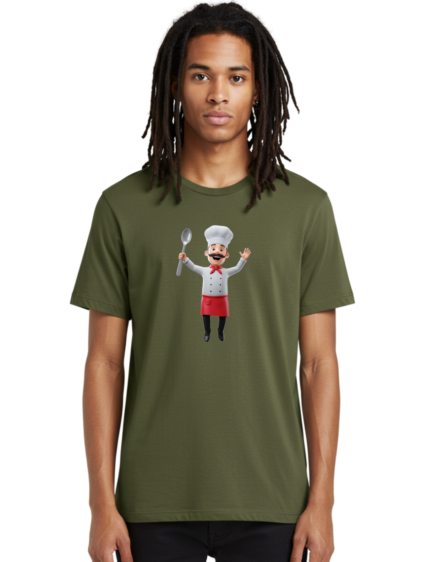 Chef-Character Men'S Graphic Tee, 100% Cotton, Comfortable Casual Summer Wear, Machine Washable, Cartoon Chef, White Hat, Red Apron, White Jacket, Metal Ladle, Welcoming Gesture, Chef Attire, Culinary Art, Kitchen Staff, Cooking Enthusiast, Bae407