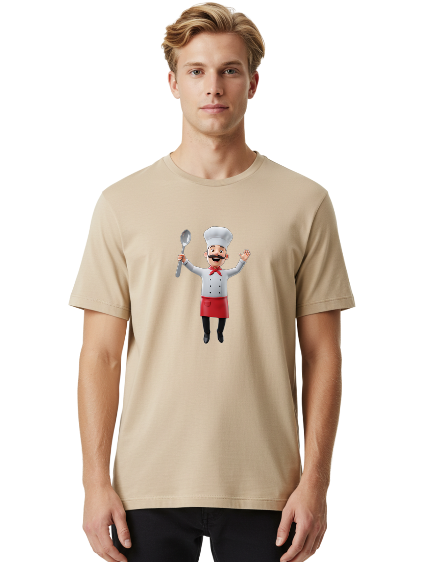 Chef-Character Men'S Graphic Tee, 100% Cotton, Comfortable Casual Summer Wear, Machine Washable, Cartoon Chef, White Hat, Red Apron, White Jacket, Metal Ladle, Welcoming Gesture, Chef Attire, Culinary Art, Kitchen Staff, Cooking Enthusiast, Bae407
