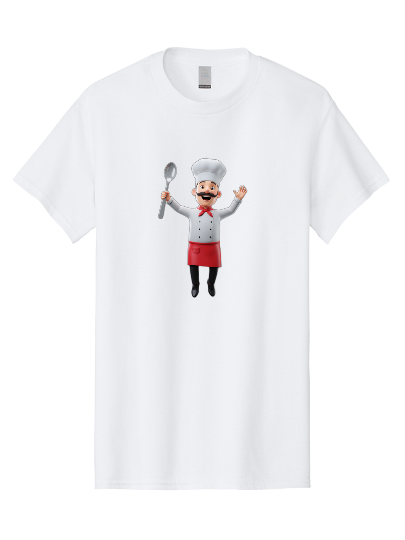 Chef-Character Men'S Graphic Tee, 100% Cotton, Comfortable Casual Summer Wear, Machine Washable, Cartoon Chef, White Hat, Red Apron, White Jacket, Metal Ladle, Welcoming Gesture, Chef Attire, Culinary Art, Kitchen Staff, Cooking Enthusiast, Bae407