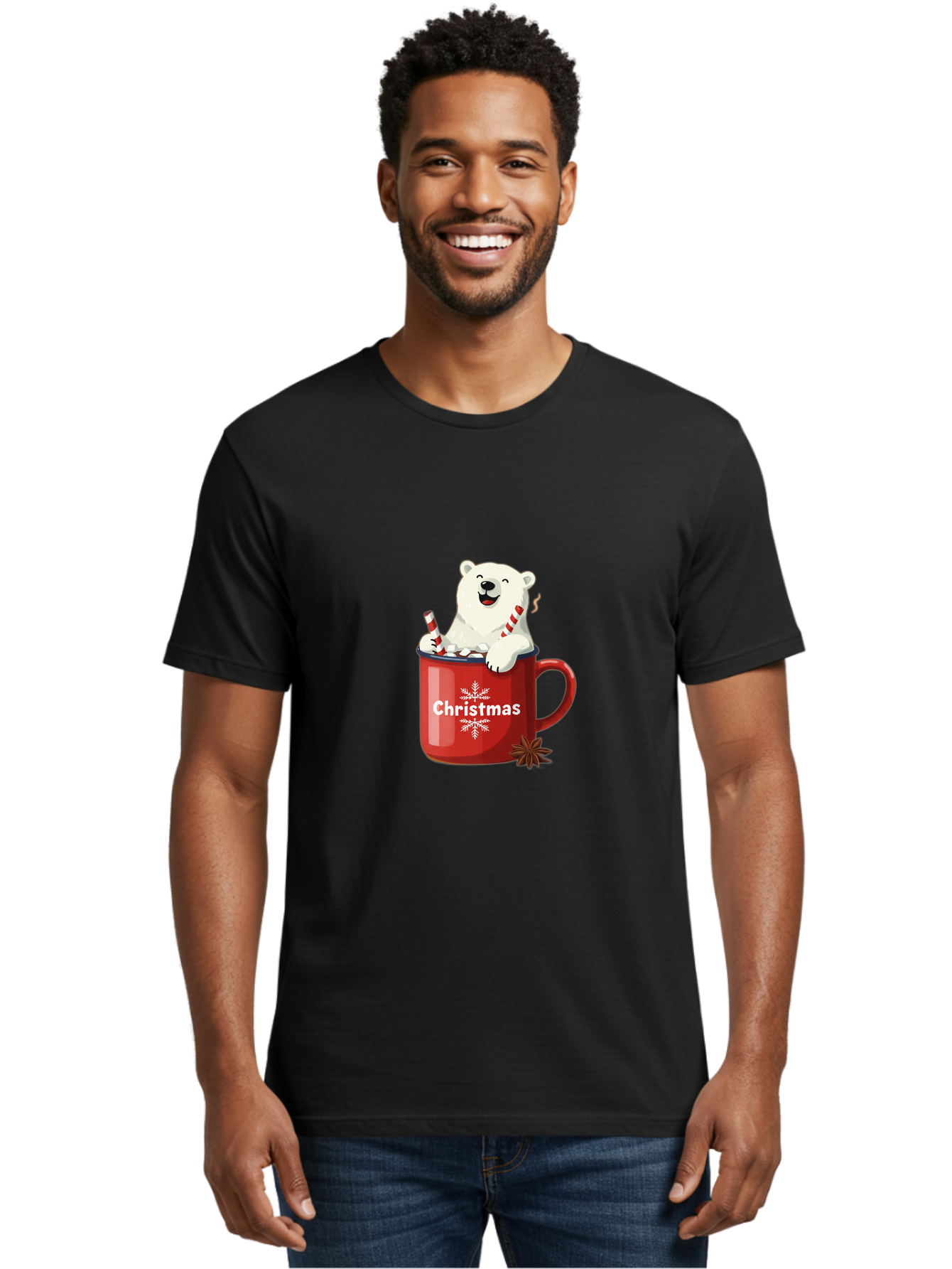 Christmas-Mug Men'S Graphic Tee, 100% Cotton, Comfortable Casual Summer Wear, Machine Washable, Polar Bear In Red Mug, Christmas Theme, Festive Decorations, Candy Cane, Marshmallows, Snowflake Design, Holiday Cheer, Winter Wonderland, Bae408