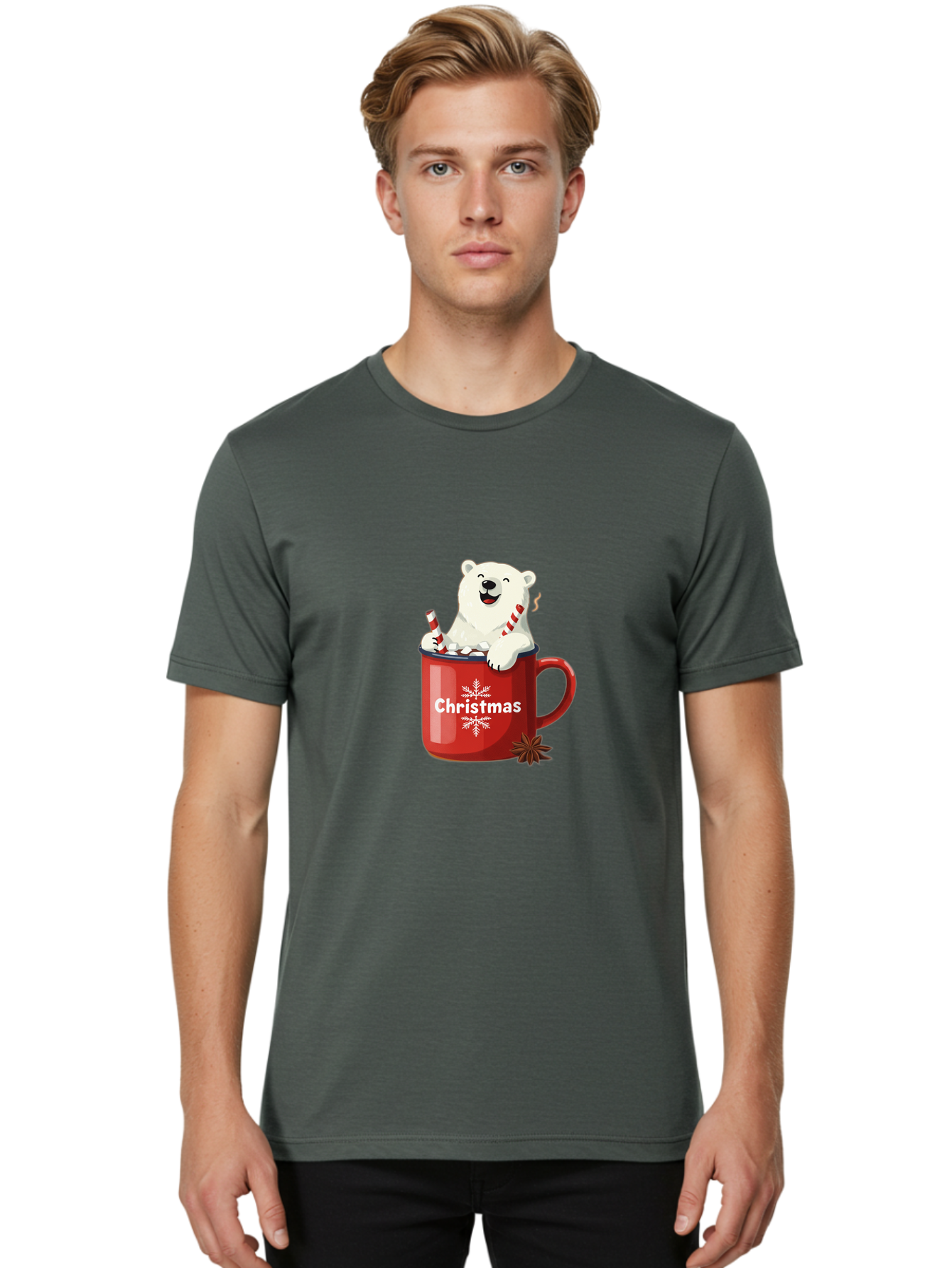 Christmas-Mug Men'S Graphic Tee, 100% Cotton, Comfortable Casual Summer Wear, Machine Washable, Polar Bear In Red Mug, Christmas Theme, Festive Decorations, Candy Cane, Marshmallows, Snowflake Design, Holiday Cheer, Winter Wonderland, Bae408