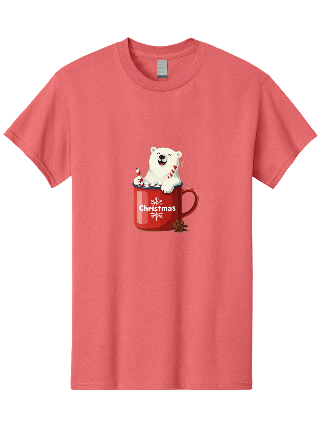 Christmas-Mug Men'S Graphic Tee, 100% Cotton, Comfortable Casual Summer Wear, Machine Washable, Polar Bear In Red Mug, Christmas Theme, Festive Decorations, Candy Cane, Marshmallows, Snowflake Design, Holiday Cheer, Winter Wonderland, Bae408
